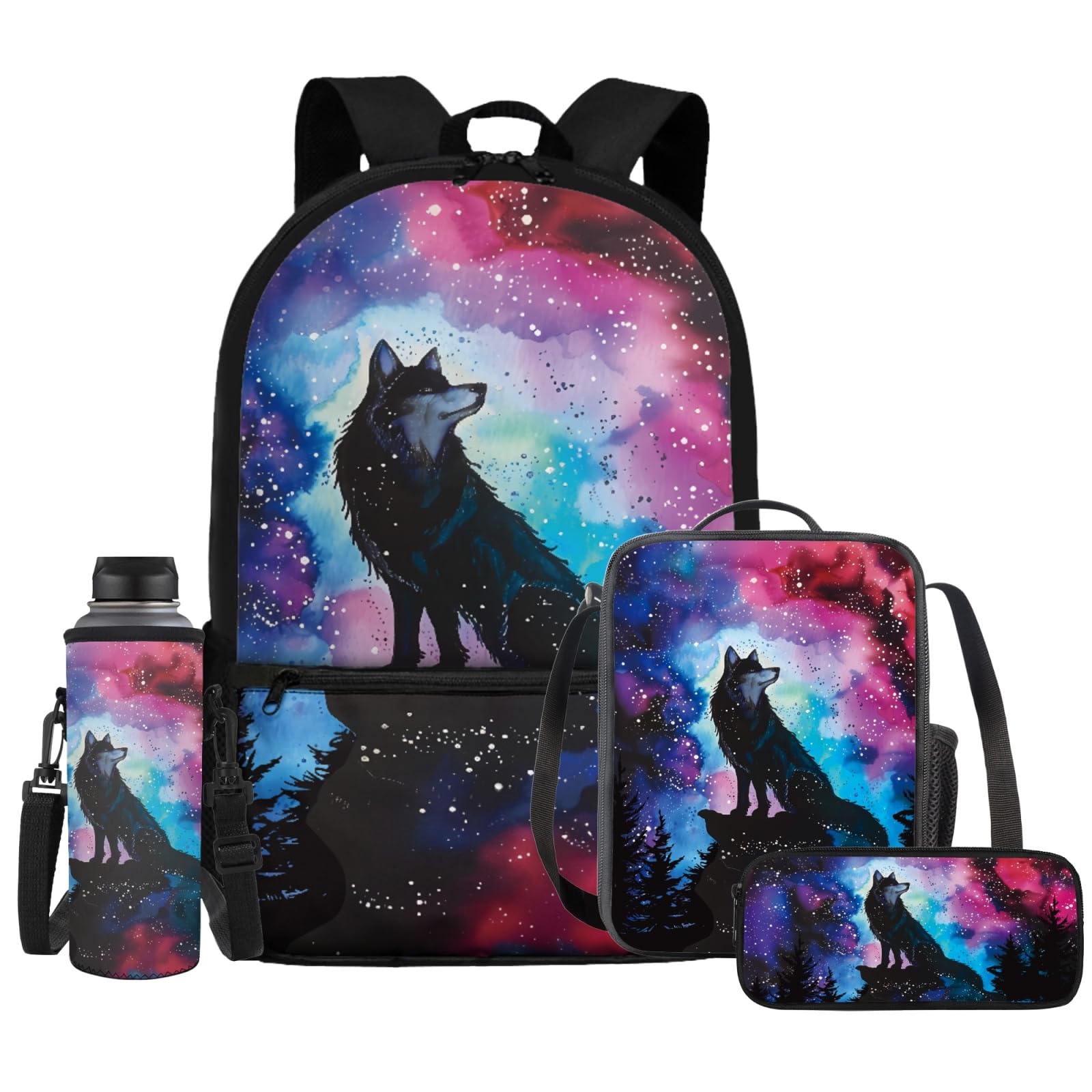 Watdotory Wolf Bookbag with Lunch Bag for Boys Pencil Bag Backpack Elementary School Bag Kids 8-10/10-12/12-14 Student Water Bottle Organizer Book Bag