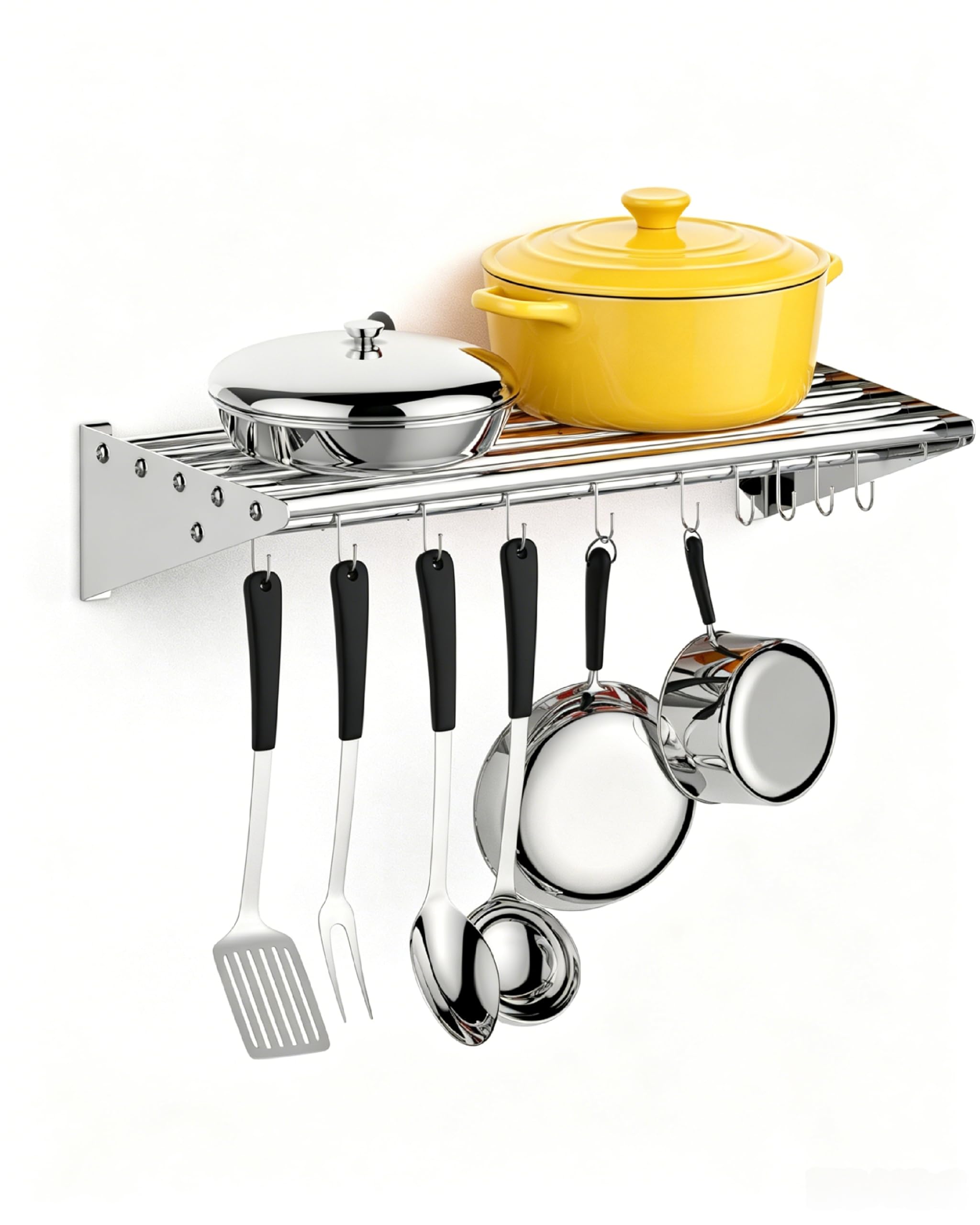 Aptliton Wall Mount Pot Pan Rack, 65.5CM Silver Stainless Steel Kitchen Utensil Hanging Shelf with 10 Hooks, Cookware Organiser Saucepan Rack