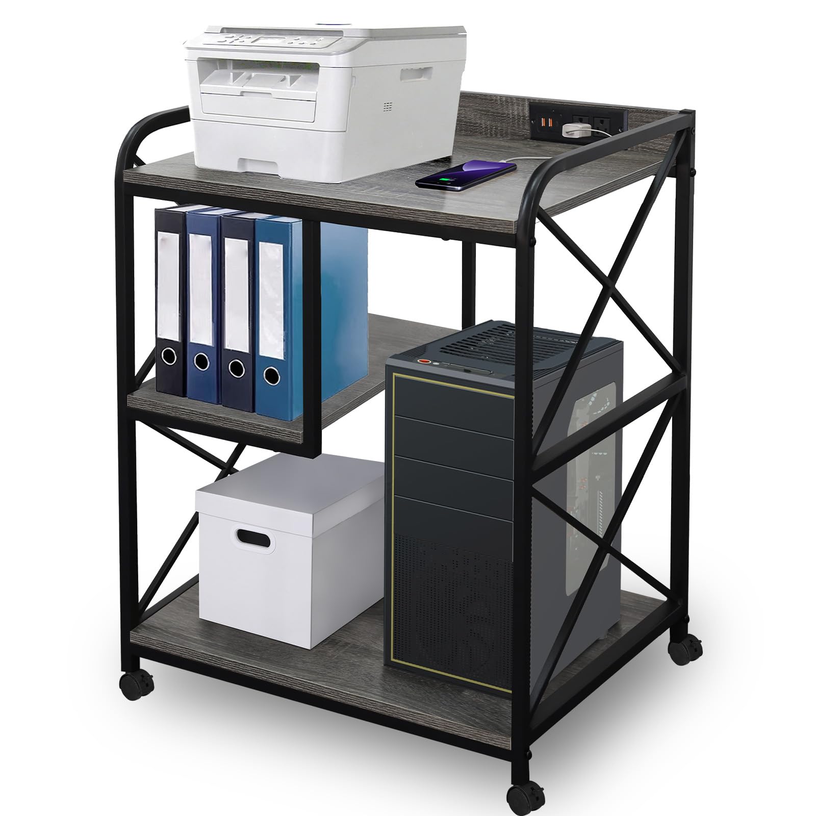 Druckerständer mit Aufbewahrungsregal, Großer Druckertisch mit Rollen für Home Office, 23 x 18 Zoll Druckerregal mit Steckdose USB-Anschluss, Computerturm-Ständer, Grau