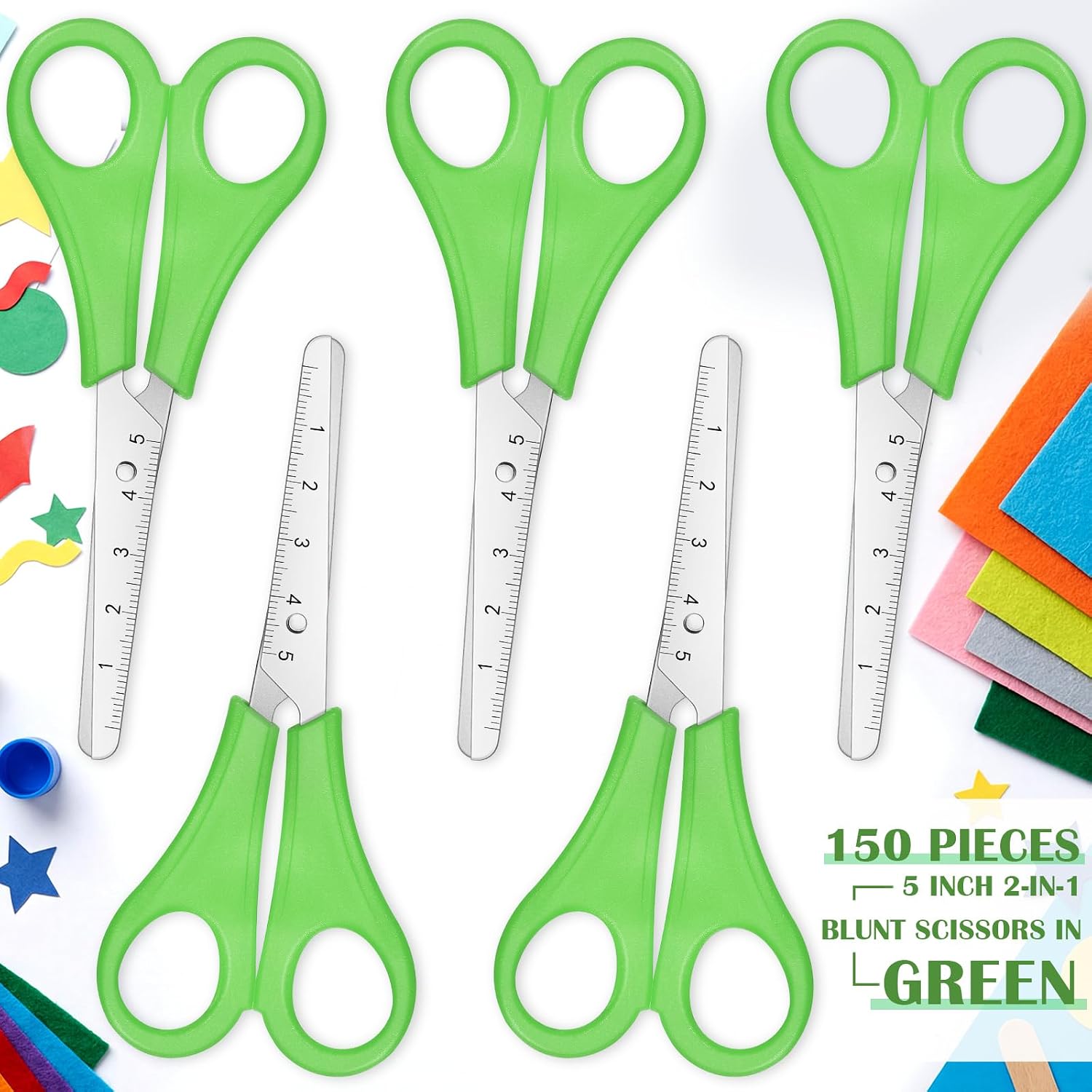 Honoson 150 Pack 5 Inch Scissors Bulk with Ruler Blade, All Purpose Stainless Steel Small Safety Scissors for Training, Office, Sewing Craft Supplies, Workshops, Events (Green)
