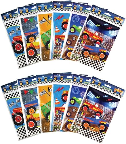 Miniatura 3 de TINYMILLS Monster Truck - Juego de 108 piezas (12 bolsas grandes para regalos de fiesta con asas, 24 sellos de tinta propia para niños, 12 hojas de