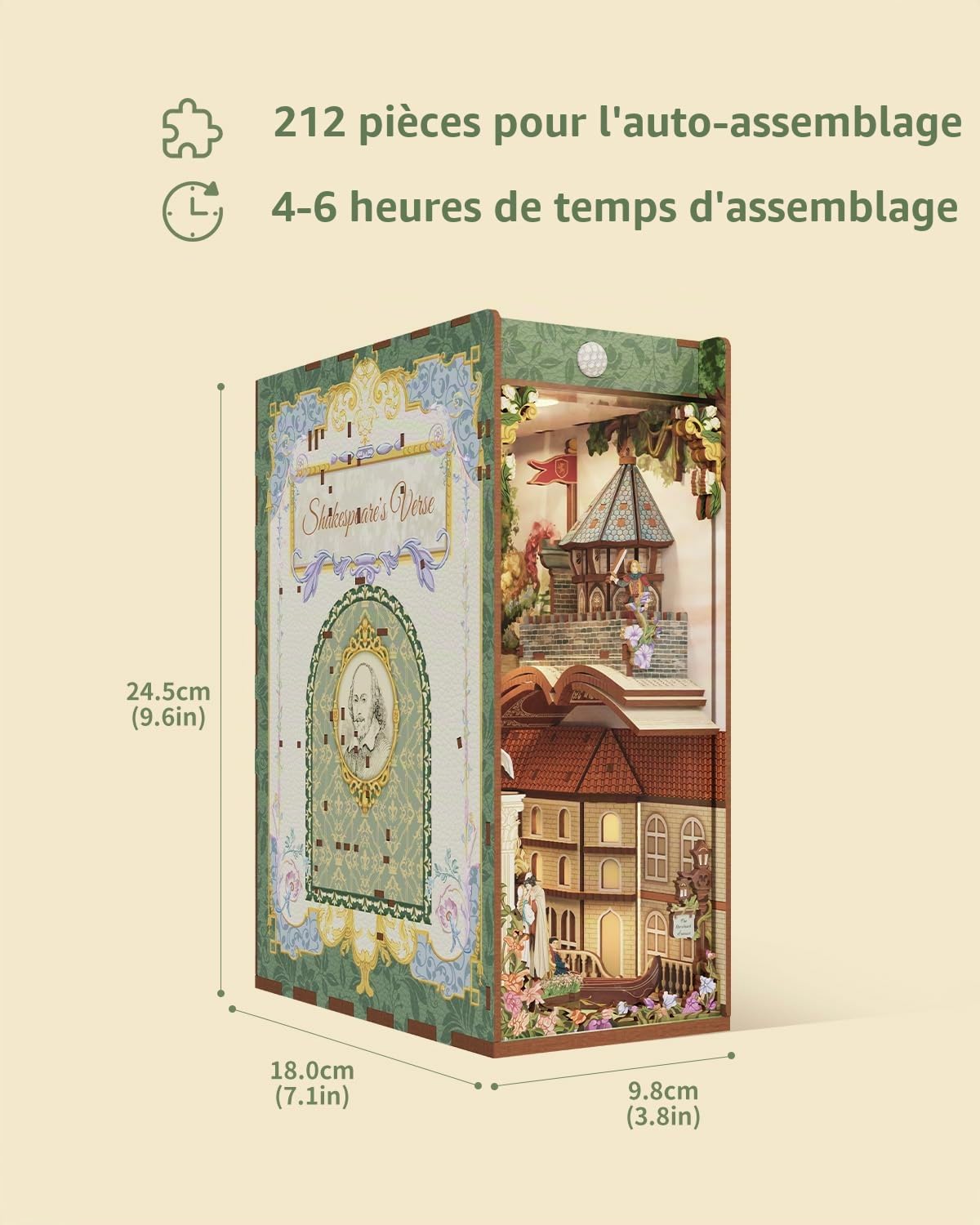 Tonecheer x British Library Kit DIY Book Nook, Puzzle 4D en Bois Shakespeare pour Adultes, Décor d'Insert de Bibliothèque Miniature Maison avec Lumières LED, Cadeaux Uniques (vers de Shakespeare)
