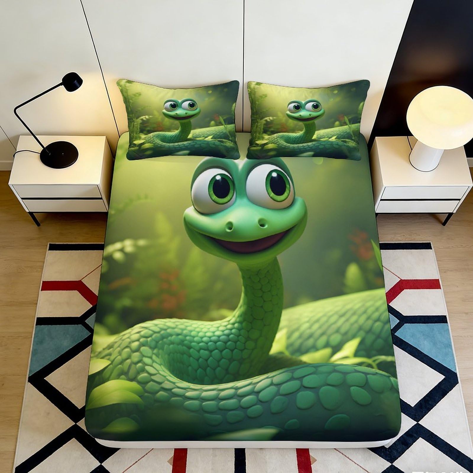 Qjzxknhpgr Style-6 3D Printed Cartoon Snake Fitted Sheet Microfiber Green Animal Bed Cover For Bedroom Guest Room Decor Mattress Protection 90X200x25cm