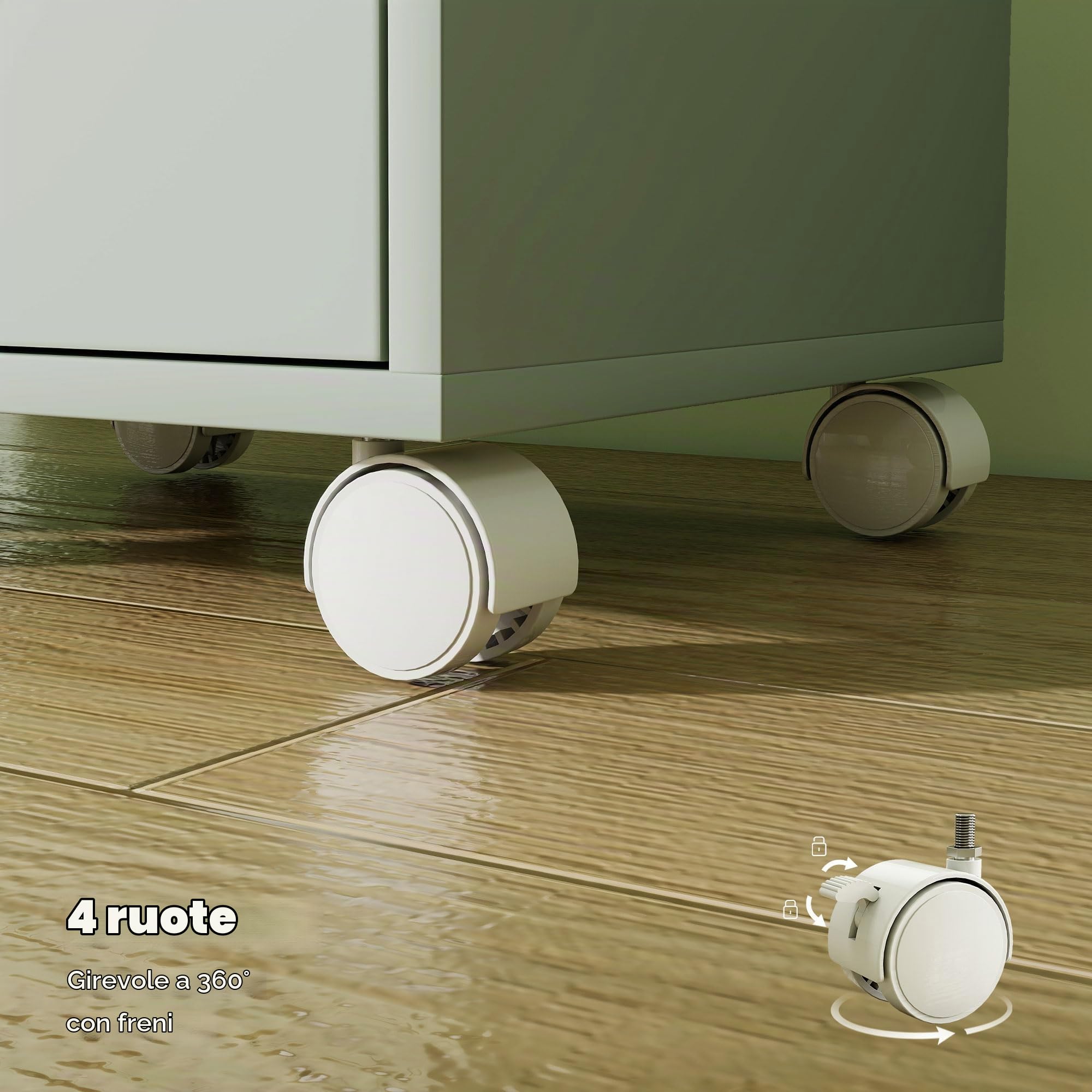 HOMCOM Cassettiera da scrivania, schedario mobile con 6 cassetti, supporto per stampante con rotelle, guide silenziose, per ufficio, casa, verde e bianco