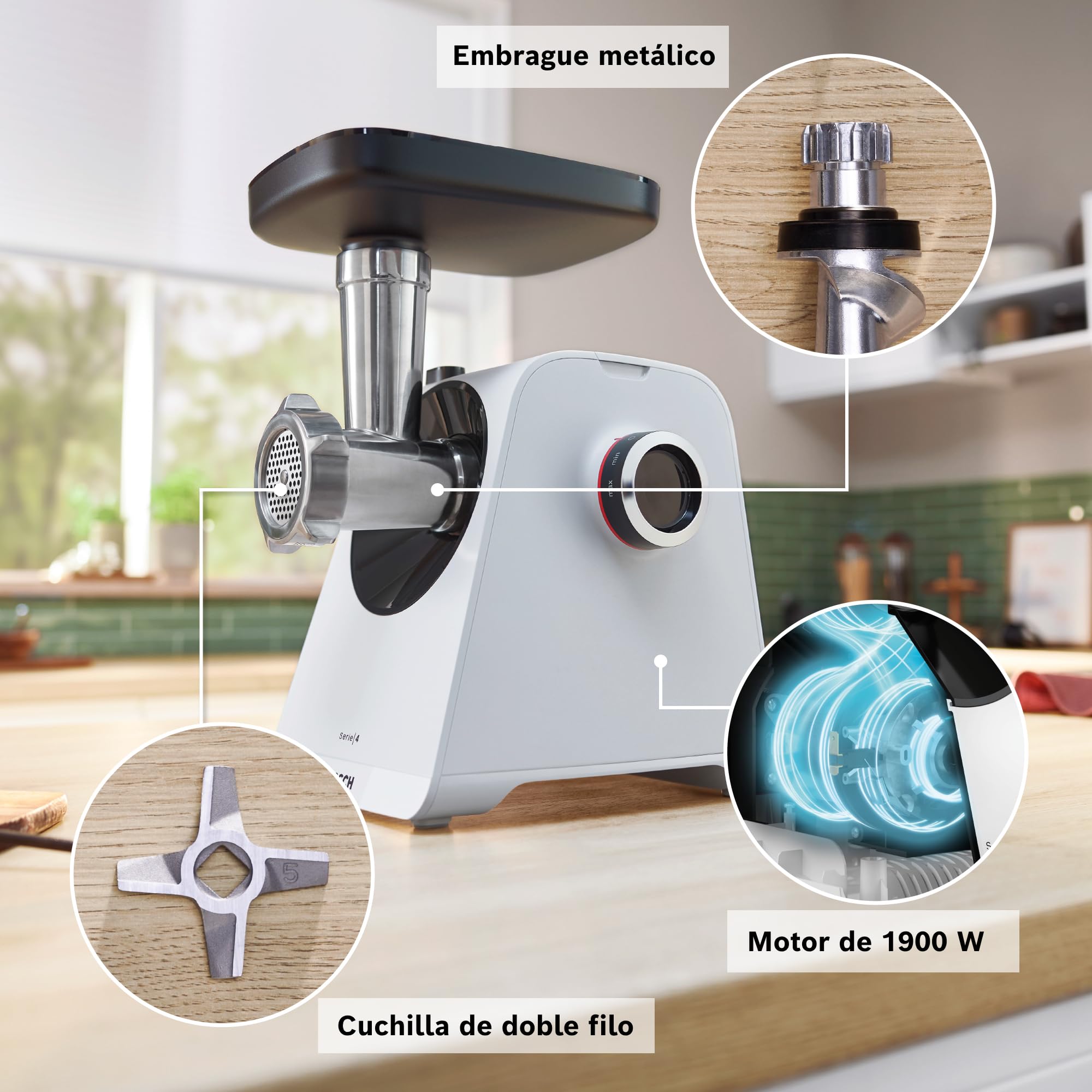 Bosch - Picador de carne, MultiPower, Serie 4, 1900 W, Molinillo, Accesorio para salchichas, Blanco, MFWS420W