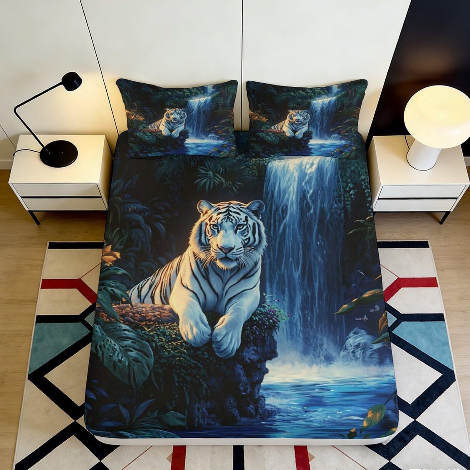 Uynsixtme Style-1 3D Printed Waterfall Tiger Fitted Sheet Microfiber Deep Pocket Non-Slip Bedroom Bedding Waterfall Tiger Mattress Fitted Cover Washable For Adults Teens 90X200x25cm
