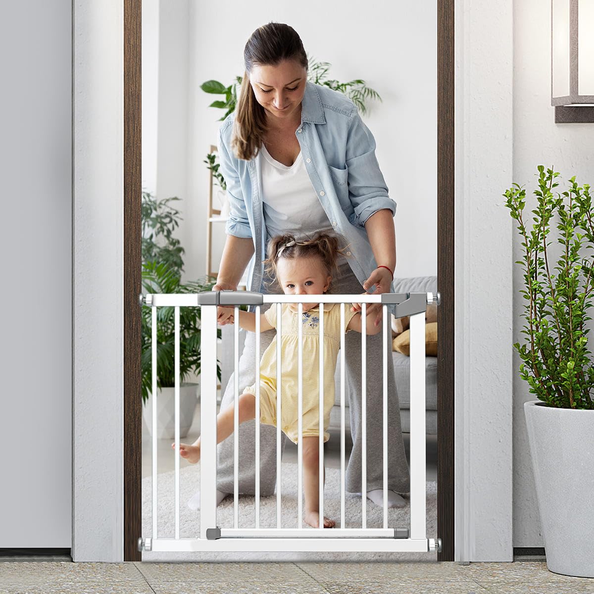 StarAndDaisy Baby Safety Gate/Safety Gate for Kids Home with Two Way Auto Close, No Dril Requried/Staircase Gate Baby Safety Retractable Door with Adjustable Linkage Lock. (White 83-97CM)