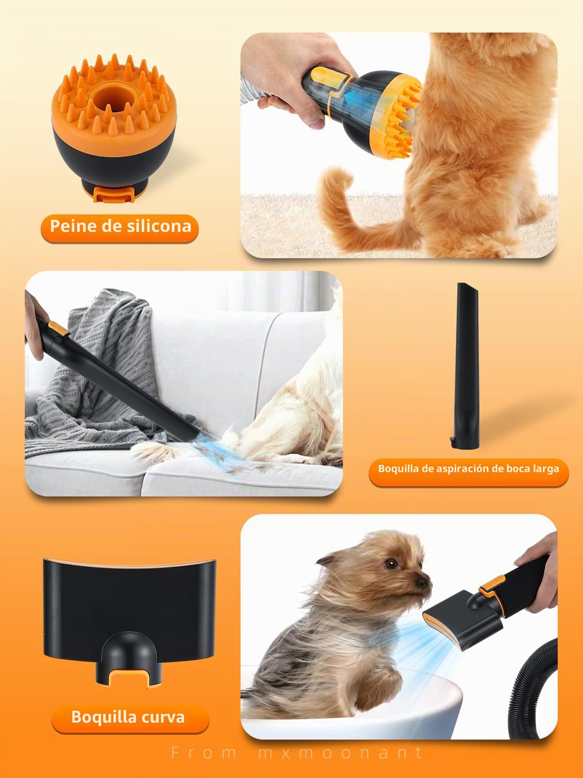 Mxmoonant Set 3-en-1 cuidado pelaje perro: aspiradora, secador, cortapelo | velocidad y temperatura regulables, 7 accesorios, bolsa y toalla incluidas