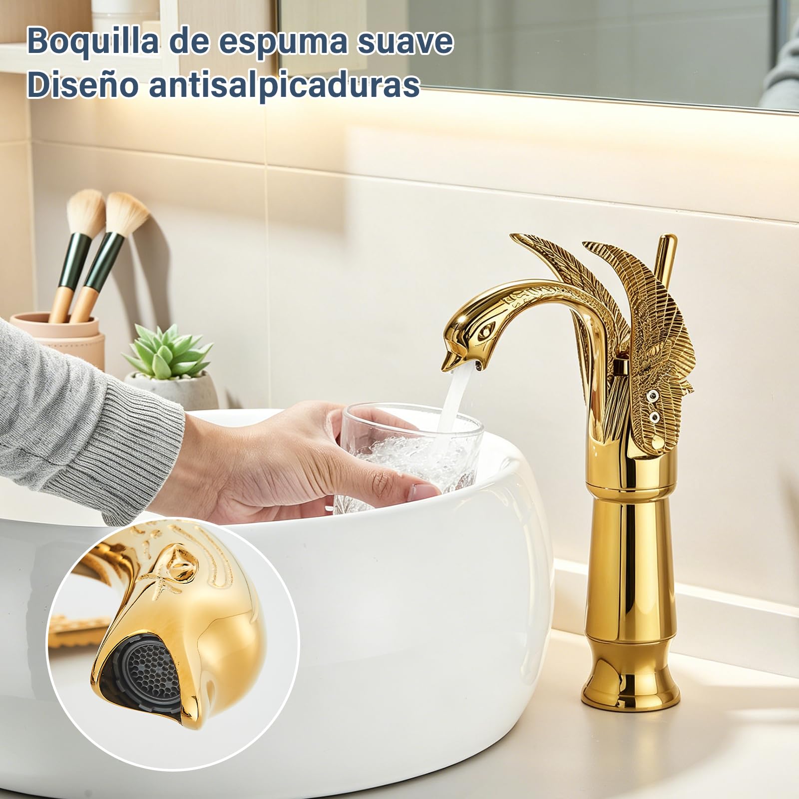 Robinet Salle de Bain en Laiton Mitigeur Doré pour Vasque, Design Elégant Robinet Lavabo Robinettrie de Lavabo Haut avec Eau Chaude et Froide Disponible