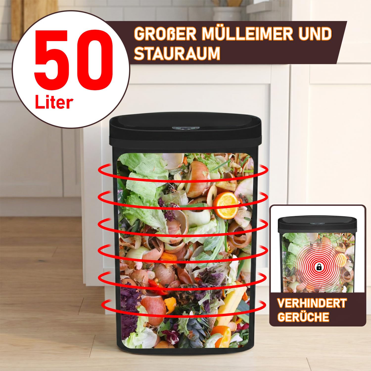 FDW Mülleimer mit Sensor & Deckel, Kunststoff, 50 L Küchenmülleimer, Smart, Automatisch, Berührungslos, Elektrischer Mülltonne, Wasserdicht, Schwarz