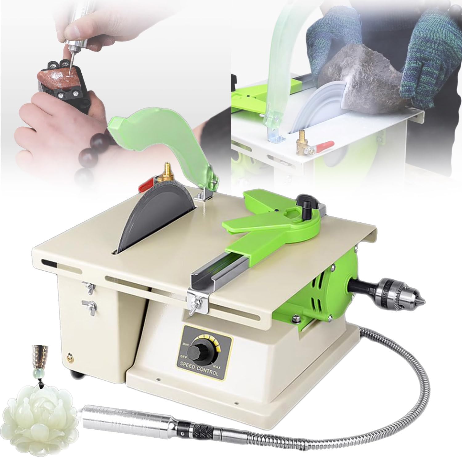 Black Lapidary Rock Grinder Polisher, 1380W Multifunction Table Saw, 500-7000Rpm Jewelry Rock Polishing Bench Lathe Polisher Drilling Machine For Jade, Amber, Beeswax Grinding