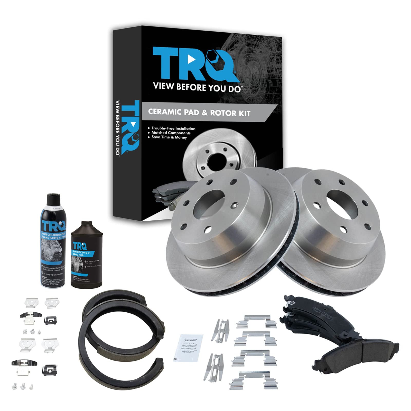 TRQ Rear Brake Pad and Rotor Kit Ceramic Compatible with 02-06 Avalanche 1500 Escalade, Silverado, Tahoe Yukon XL 03-06 ESV, EXT Sierra 00-06 Suburban