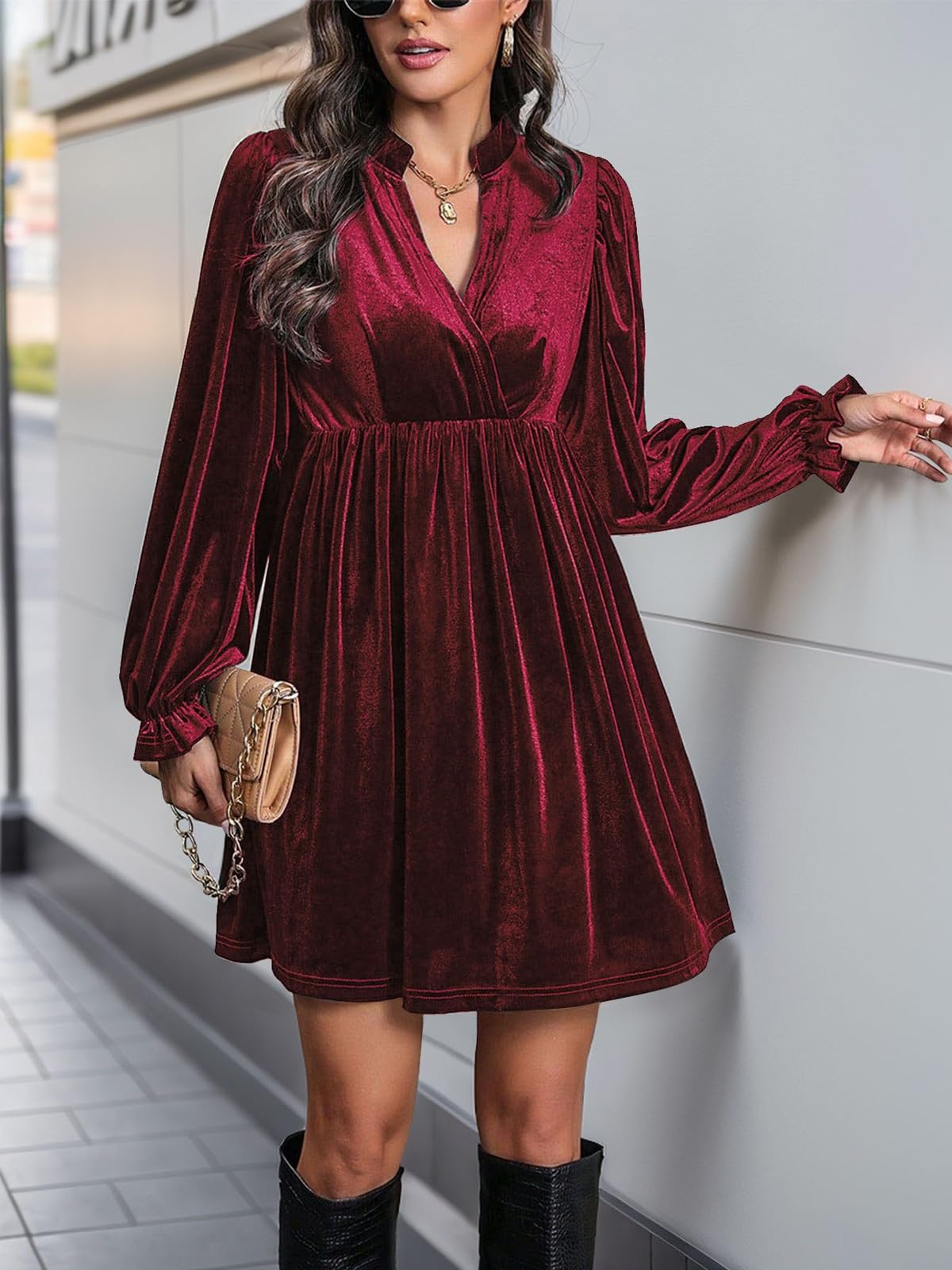 Wowcarbazole Abito da donna in velluto con scollo a V, vita imperiale, maniche lunghe, inverno, vacanze, feste, tunica, mini abito