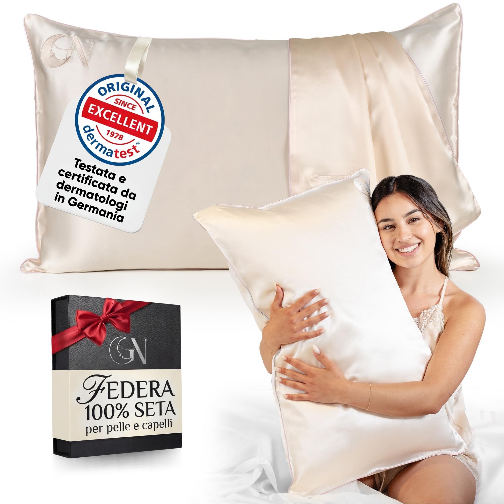 Federa Seta Cuscino 50x80 Certificata da Dermatologi per Pelle e Capelli | Federa in seta per capelli | Massima qualitá 6A, 22 momme | Silk pillowcase (Light Champagne - bordo Rosa)