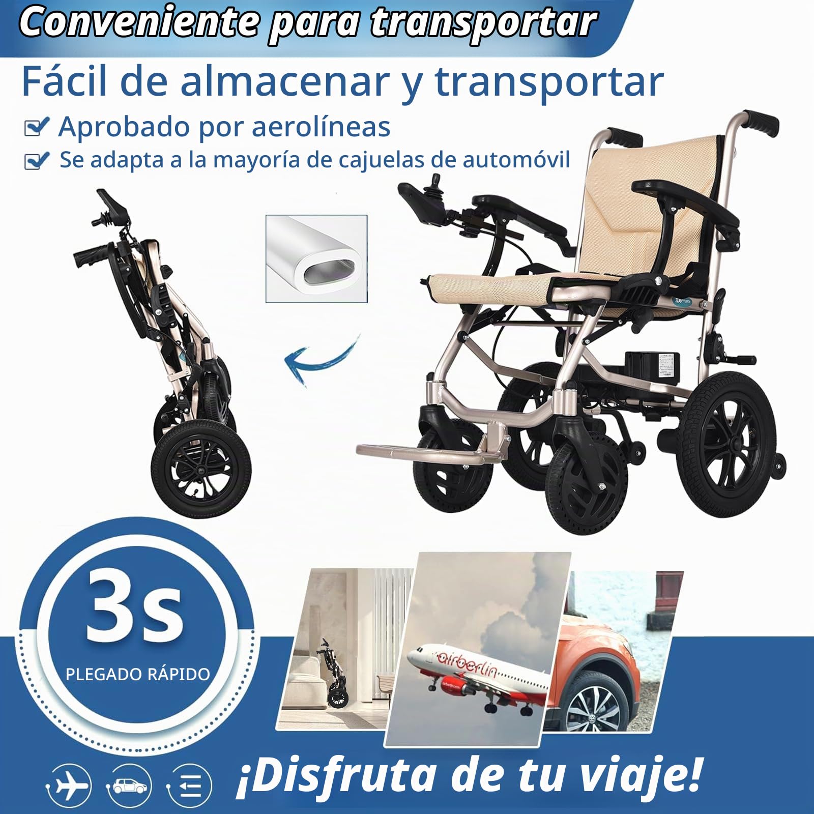 AMITD Silla de Ruedas Eléctrica Plegable Ligera 15Kg, Doble Control, Autonomía 20 km, Carga 120 kg, Todo Terreno, Doble Batería de Litio Extraíble, Certificación Aeronáutica, para Movilidad Reducida