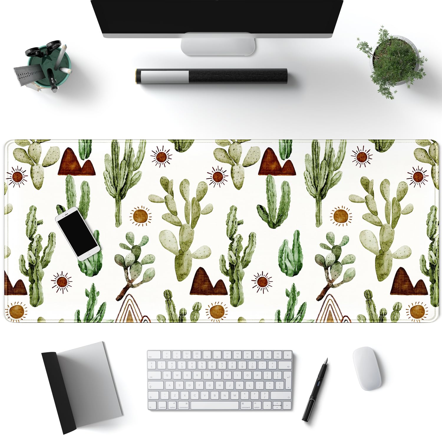Cactus Cute Peak Fun Desk Mat 31.5 X 11.8 Inch XL Mouse Pad Beige Bohemian Kawaii Aesthetic for Women's Office Mousepad for Indoor Home Office Decor, Non-Slip Rubber Base with Stitched Edge Desk Pad — image 1