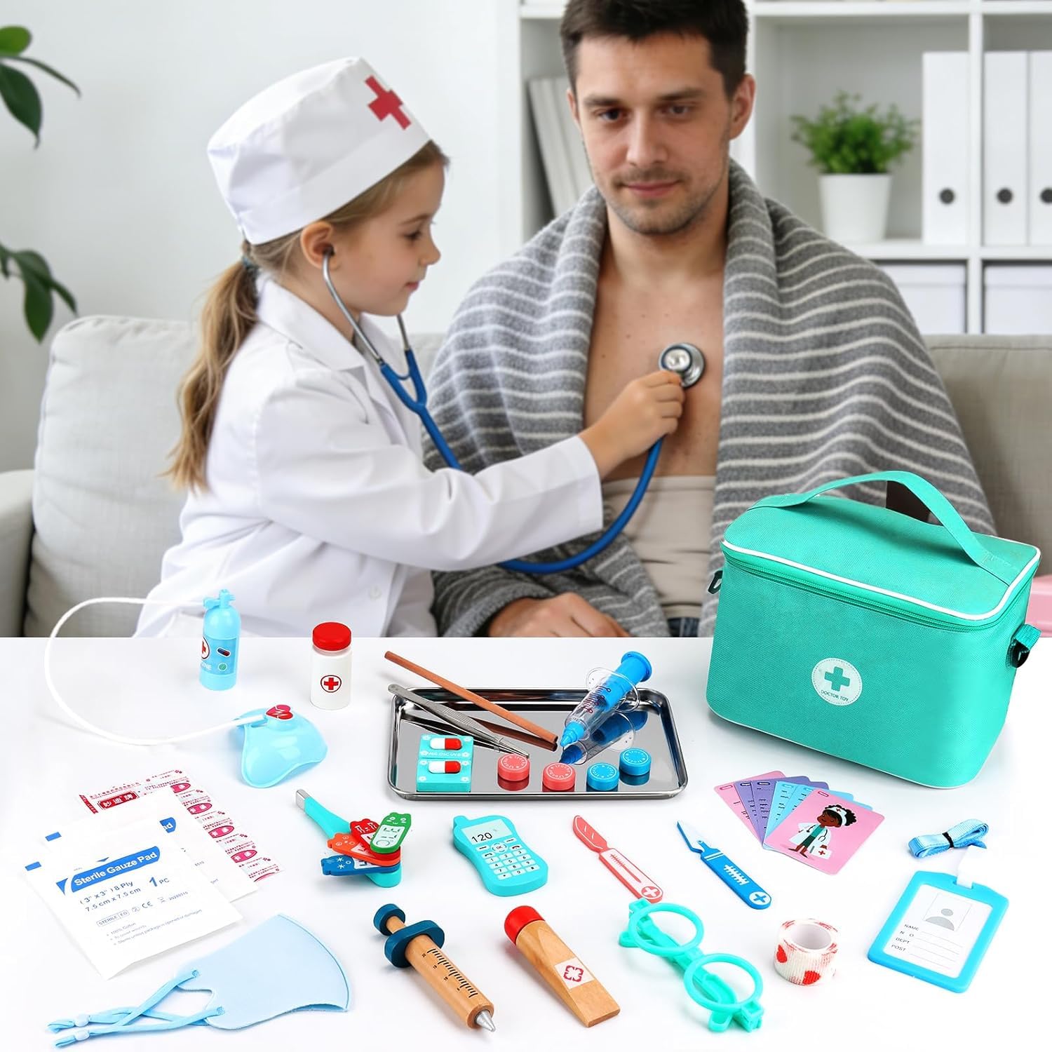 Malette Docteur Enfant,Kit de Médecin Jouets Déguisement de Docteur Accessoires en Bois avec Stéthoscope,Thermomètre,Capsule,Jeu d'imitation Cadeau pour Fille Garçon Enfant 3+ Ans - Vert - 3
