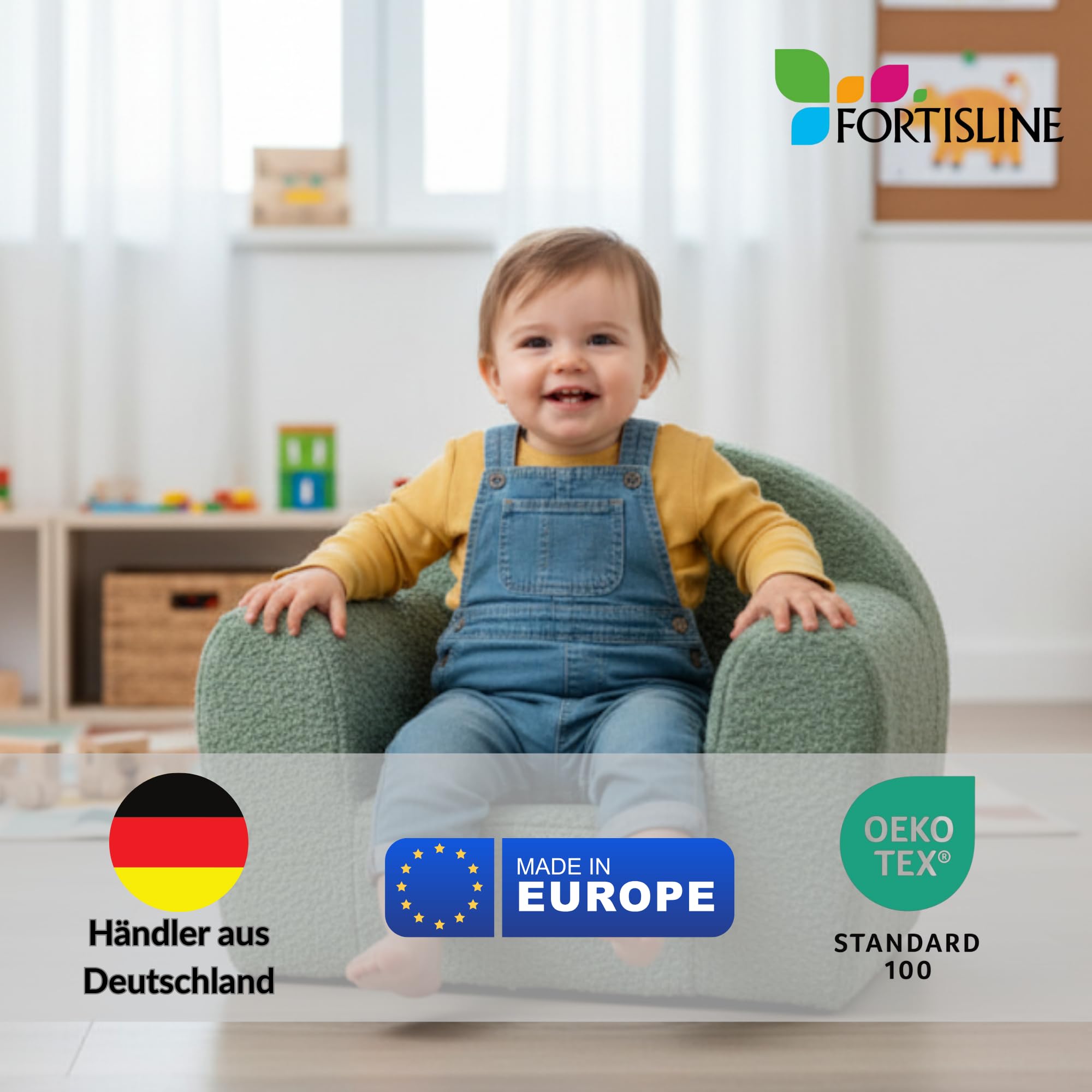 FORTISLINE – Poltrona per bambini a partire da 1 anno David Mini – Sedia per bambini in peluche – 40 x 33 x 39 cm – Mini poltrona per bambini – Poltrona con orecchie certificata Oeko-TEX, colori a