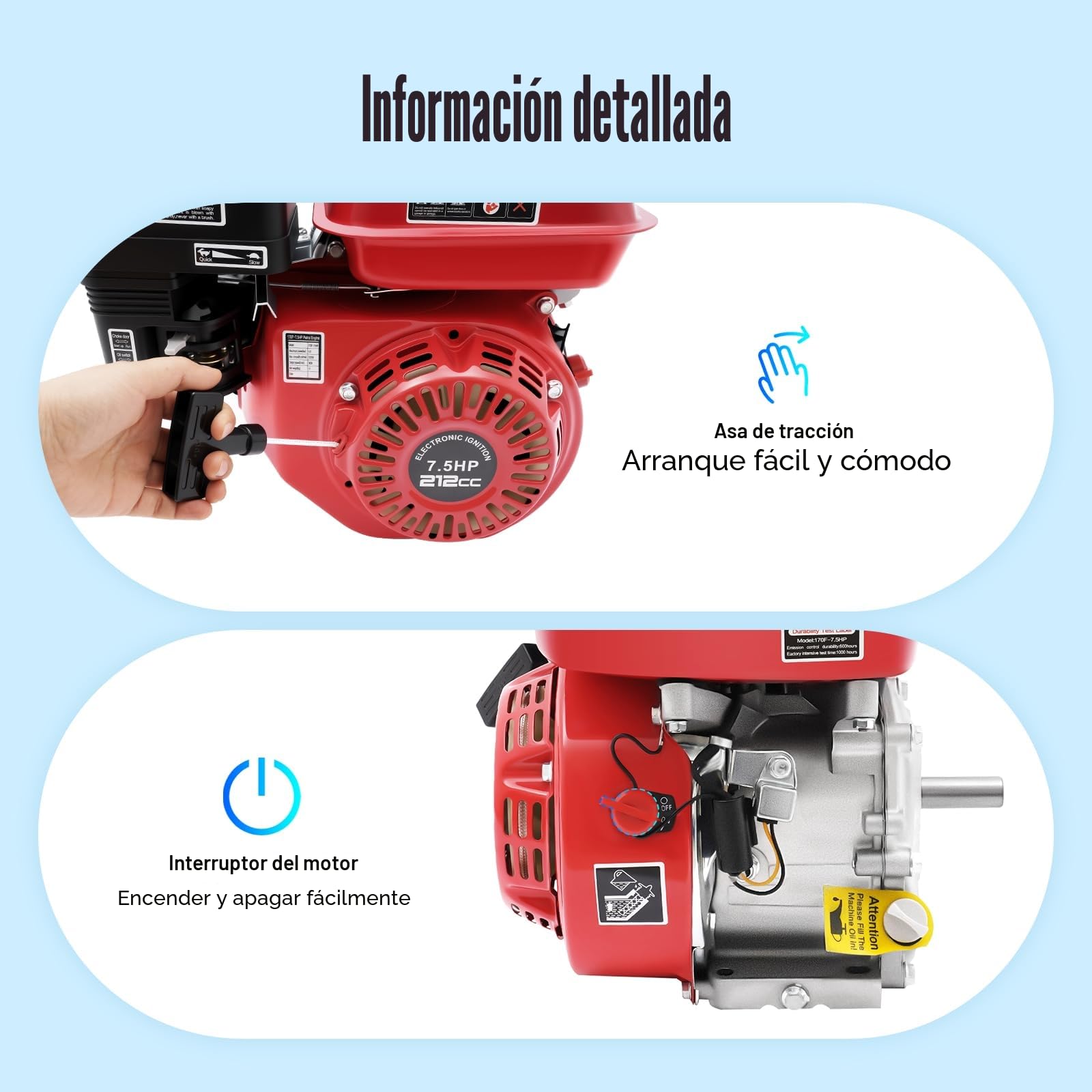 Motor de Gasolina 7.5CV 4 Tiempos OHV 212cc 4000W Monocilíndrico | Refrigerado por Aire 3600 RPM Torque 12N.m Arranque Manual con Alarma Aceite para Kart Maquinaria Agrícola Generador Bomba
