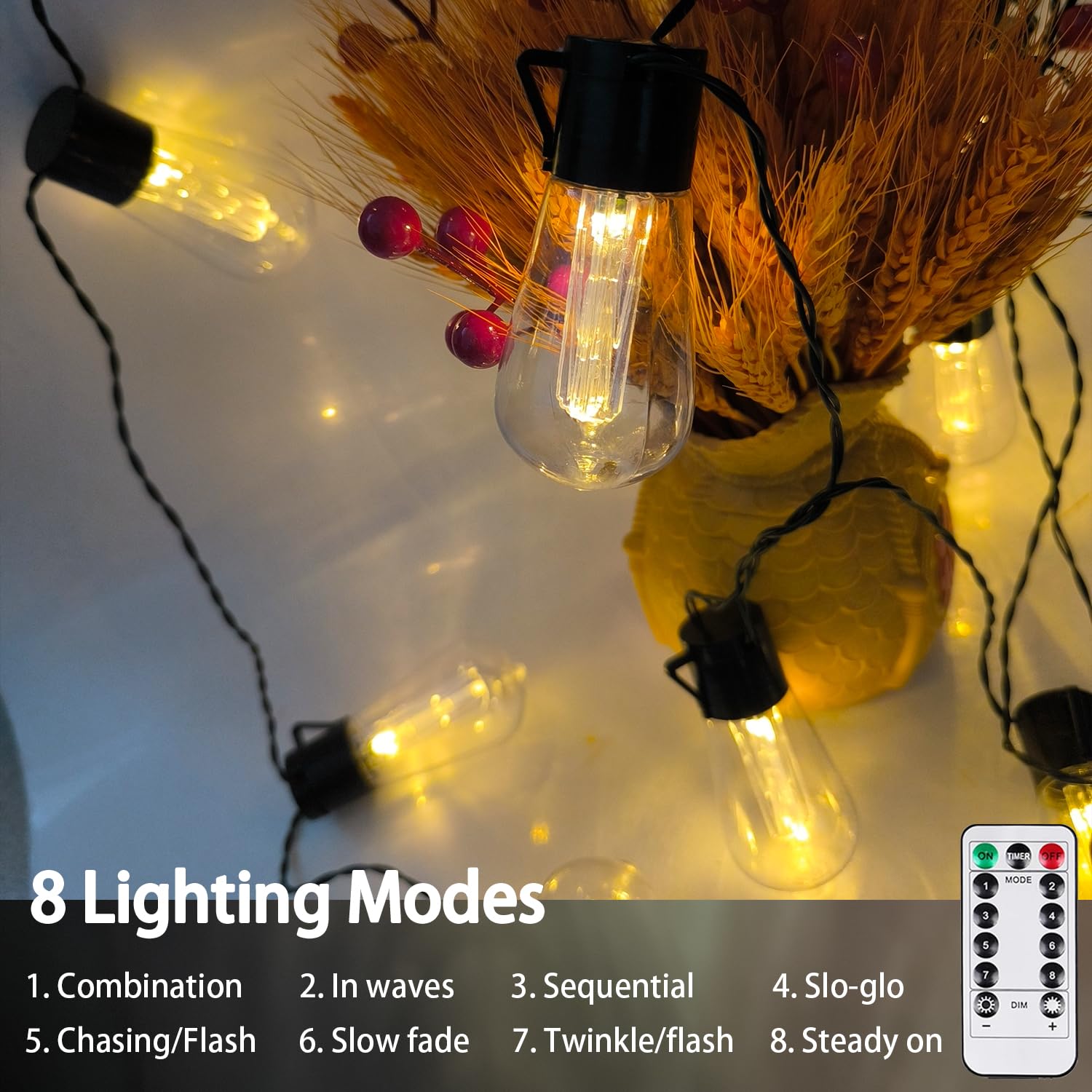 Batteriebetriebene Außenlichter, 20 LEDs, Edison-Glühbirnen, Lichterkette mit 8 Modi und Timer, USB-Stecker-Lichterkette für Innen- und Außenbereich, Schlafzimmer, Balkon, Terrasse, Camping
