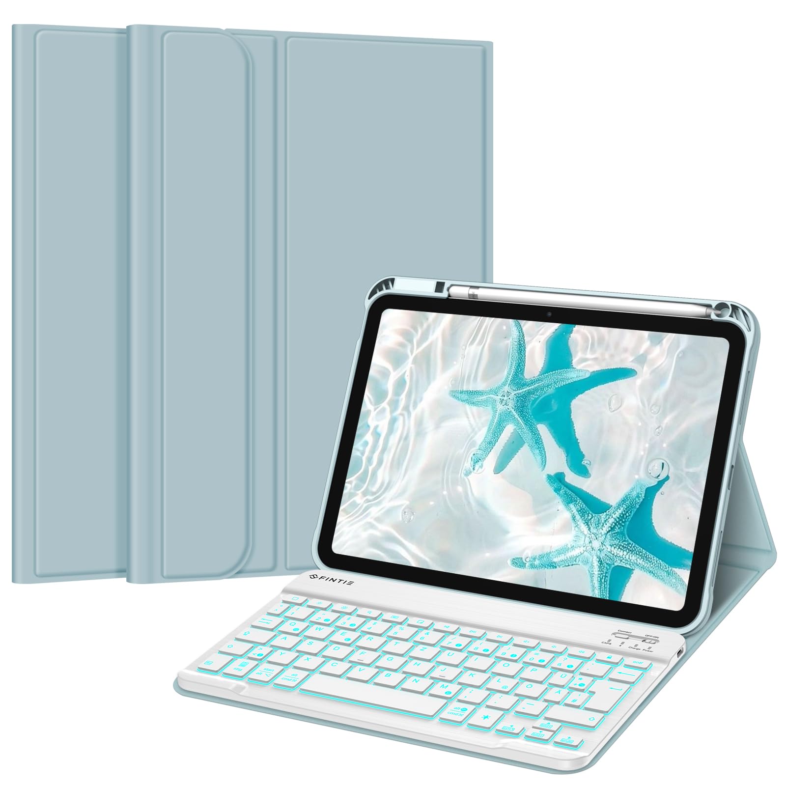 FINTIE Hülle mit Tastatur für iPad A16 11 Generation/10 Gen (11/10.9 Zoll, 2025/2022), 7-farbige Hintergrundbeleuchtung, Magnetische abnehmbare Bluetooth-Keyboard Hülle mit Stifthalter, Eisblau
