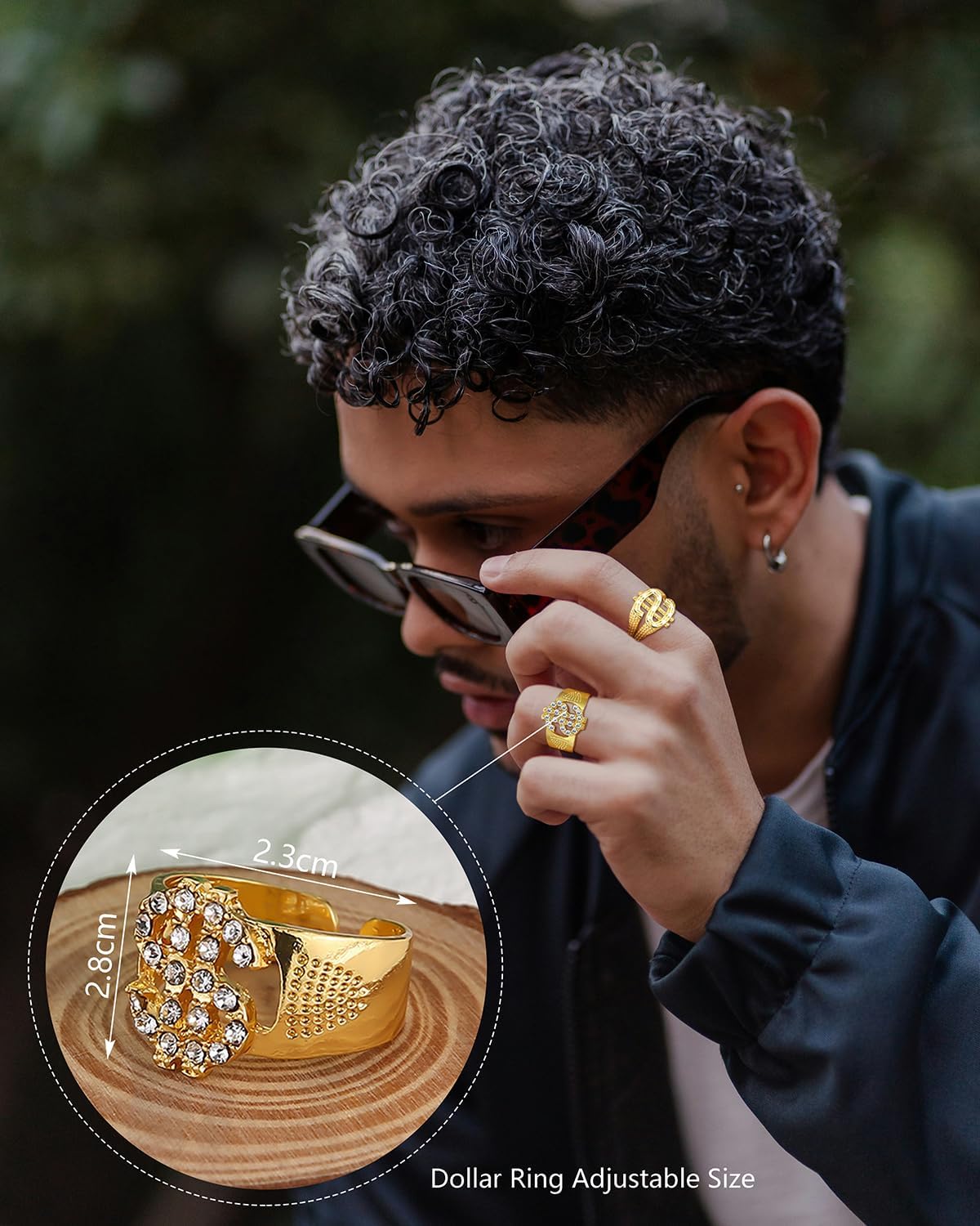 80s 90s Accessories Outfit for Men Hip Hop Costume Kit Old School Rapper Sunglasses Dollar Money Sign Pendant Necklace Rings Adjustable Big Gold Chain Necklace Bracelet Themed Party Outfits image 5