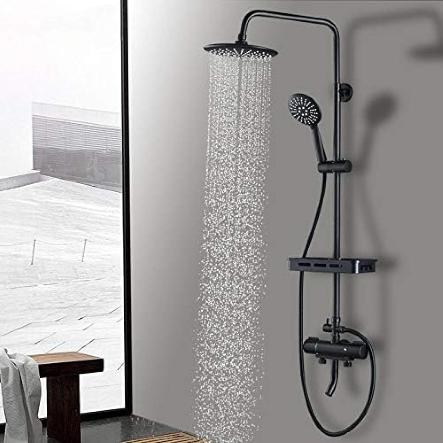 シャワーキット、ブラックシャワーサーモスタット蛇口デジタルスクリーンバルブ壁取り付けシャワーヘッドW、ハンドパラバスルームシャワー