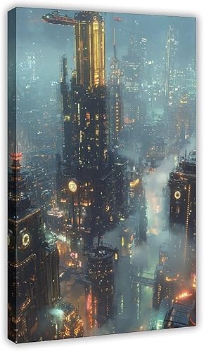 Retro Futurism Cityscape Print  Neon Sci-Fi Wall Decor  Cyber Steampunk Poster for Gamers & Collectors Canvas Poster Wall Art Decor Print Picture