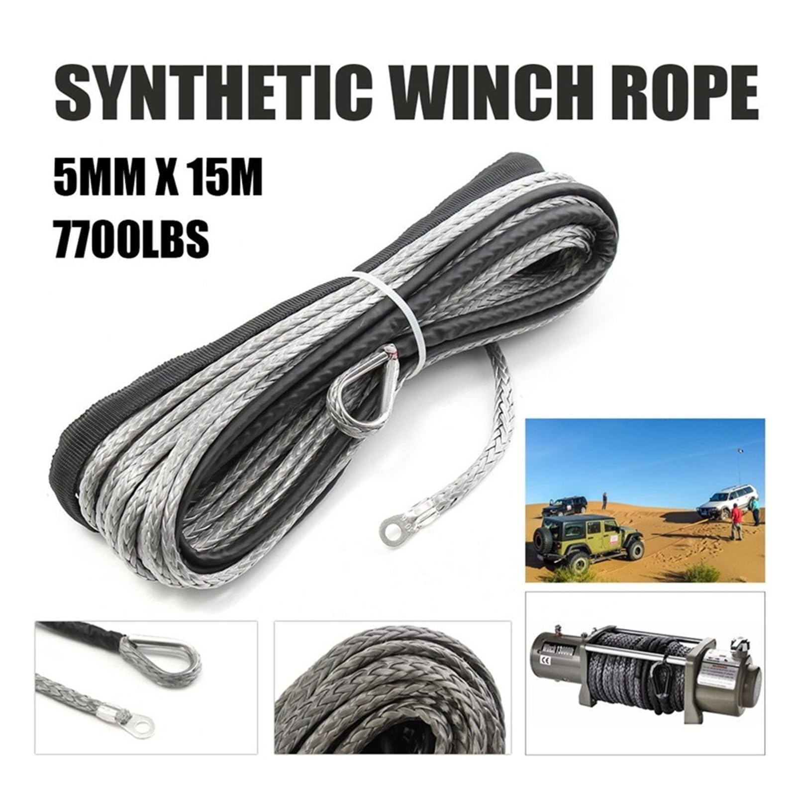 Corda di Traino Fune Sintetica for Argano da 3/16 di Pollice X 50 Pollici 7700LB con Manicotto di Protezione for ATV UTV Facile E Sicuro