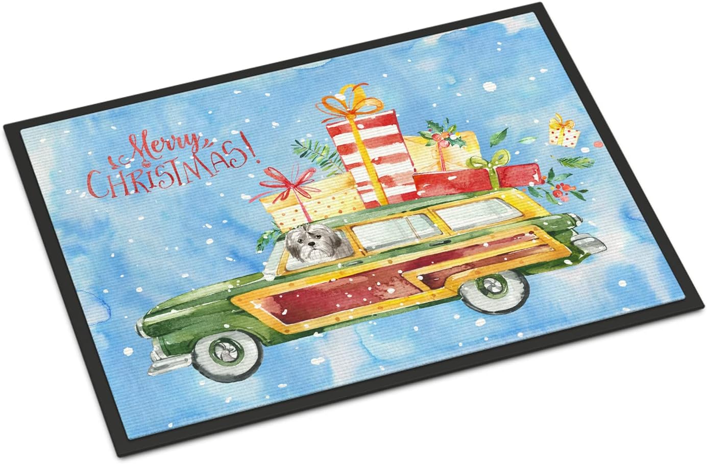 Caroline's Treasures CK2423MAT Merry Christmas Shih Tzu Puppy Cut Doormat 18x27 Front Door Mat Indoor Outdoor Rugs for Entryway, Non Slip Washable Low Pile, 18H X 27W