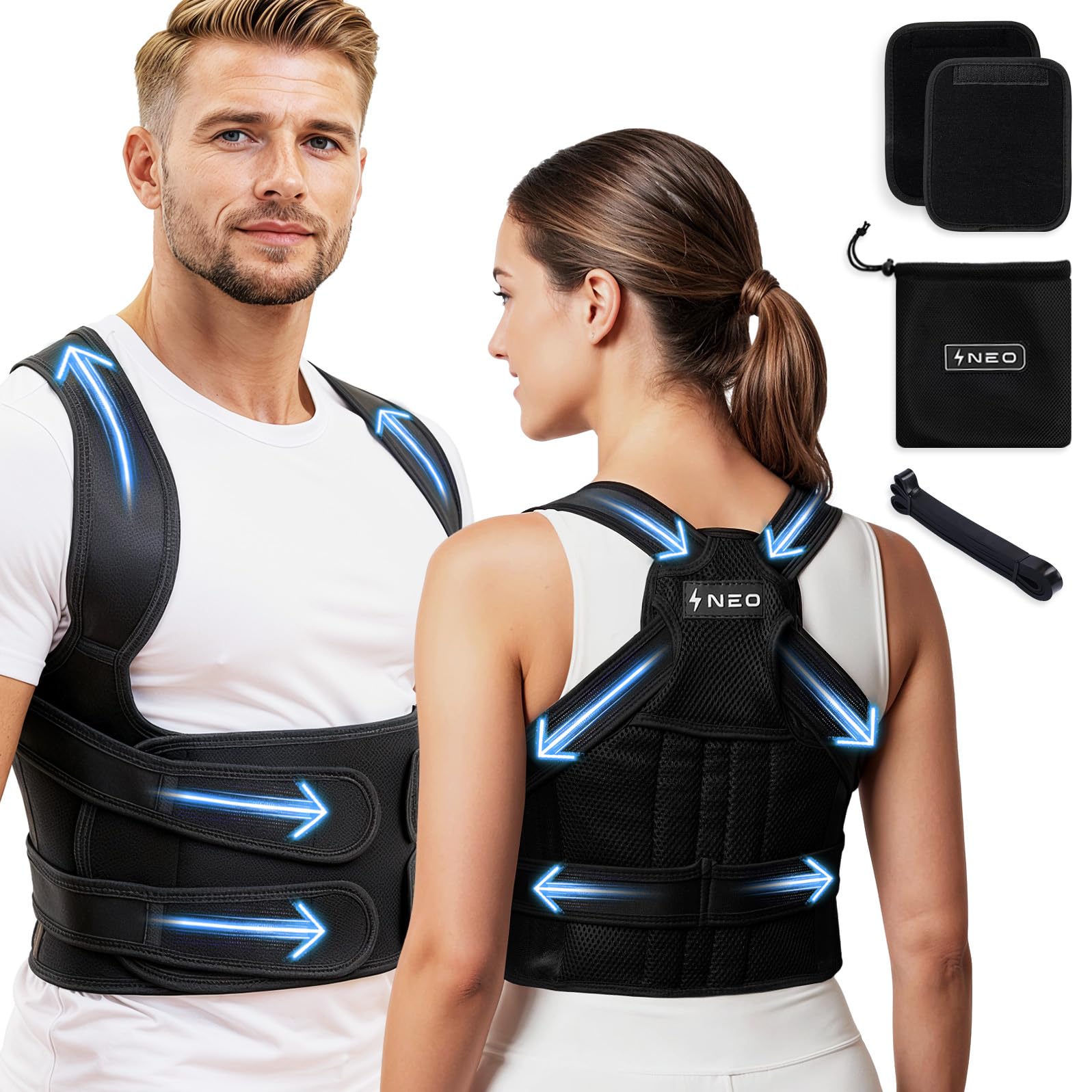 Corrector postura espalda | Corrector postura hombre mujer | Faja espalda ajustable transpirable | Espalda recta y alivio cervical | Incluye bolsa + banda elástica + almohadillas protectoras