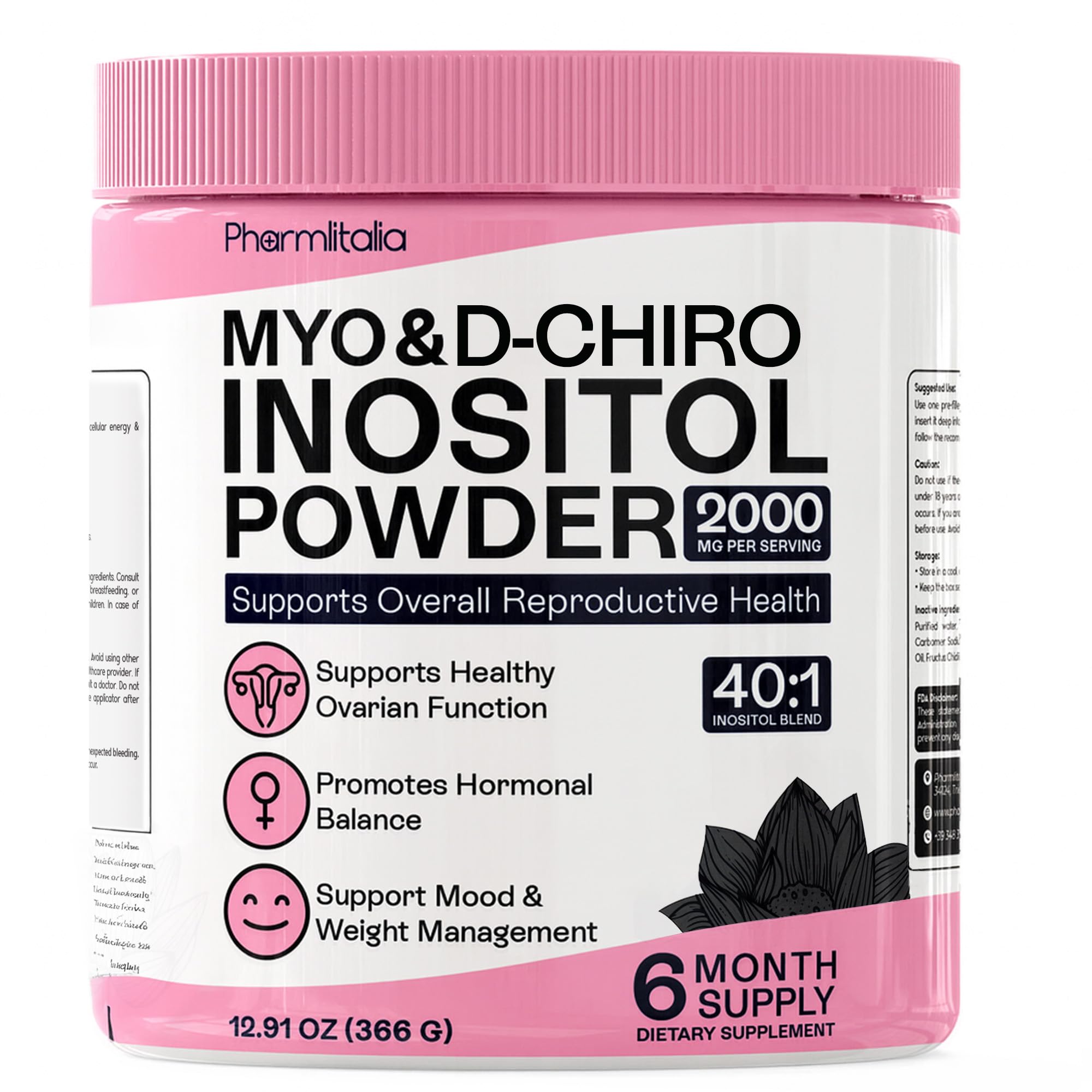 Pharmlitalia Myo-Inositol & D-Chiro Inositol Powder - Supplement for Women, Hormone Balance & Healthy Ovarian Support - 40:1 Blend, Great Alternative to Capsules (12.91 oz)