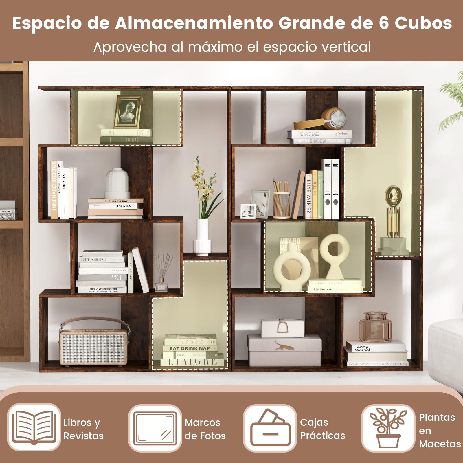 COSTWAY Librería Geométrica de 6 Cubos, Estanteria Libros Abierta, Separador de Espacios, Biblioteca Dormitorio Estudio Salon, 80 x 30 x 119cm (café)