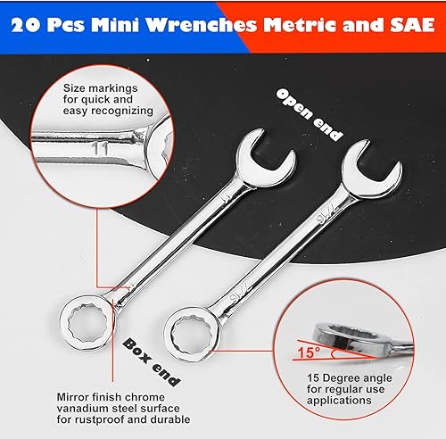 Miniatura 2 de Juego de llaves pequeñas métricas y SAE 20 piezas de mini llaves de extremo abierto con llaveros, métricas de 0.157-0.433 in y SAE de 5/32 a 7/16