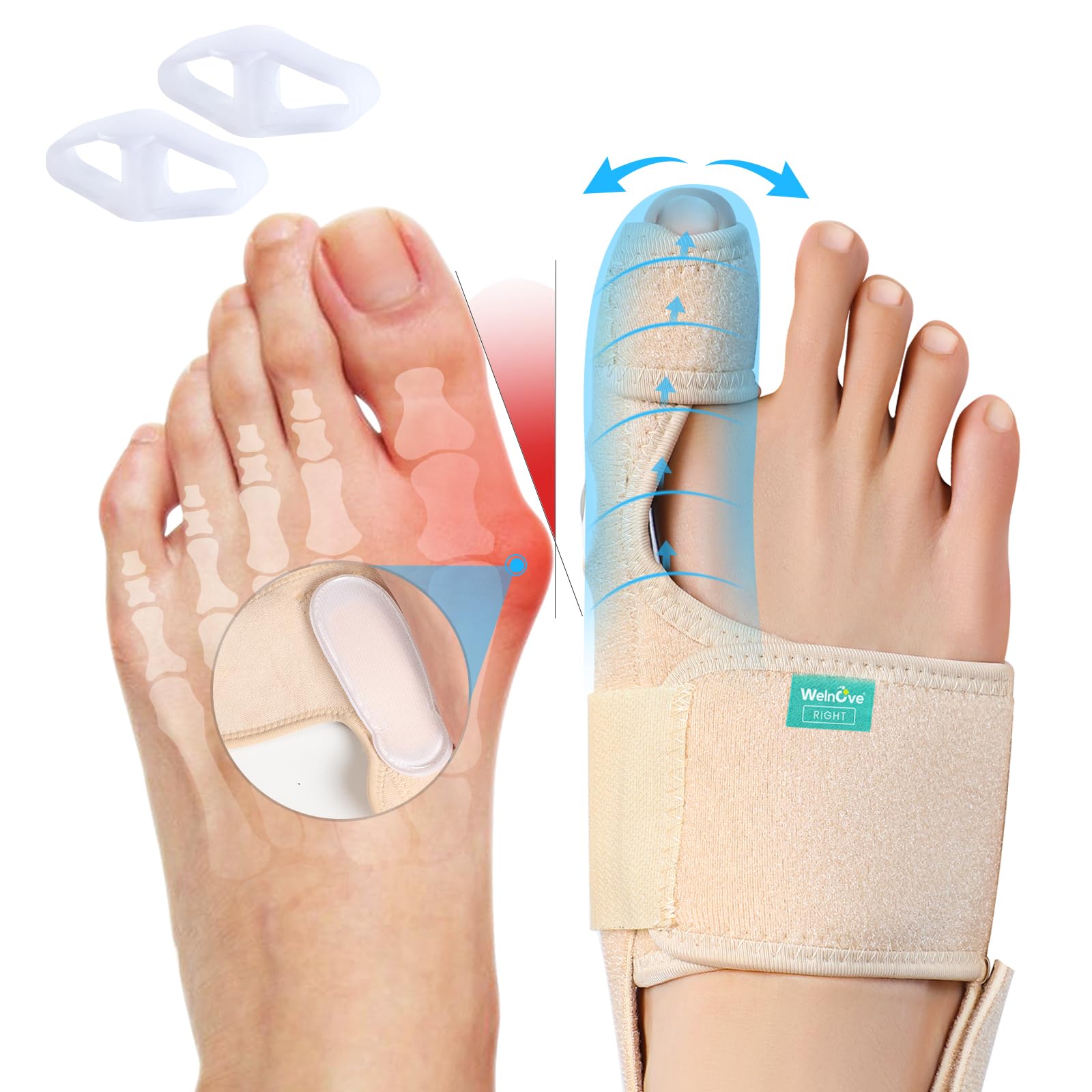 Welnove Bunion Corrector Women & Men Big Toe: 1 Pair Bunion Splint - Adjustable Bunion Correction - Toe Straightener with Non-slip Strap, Day Night