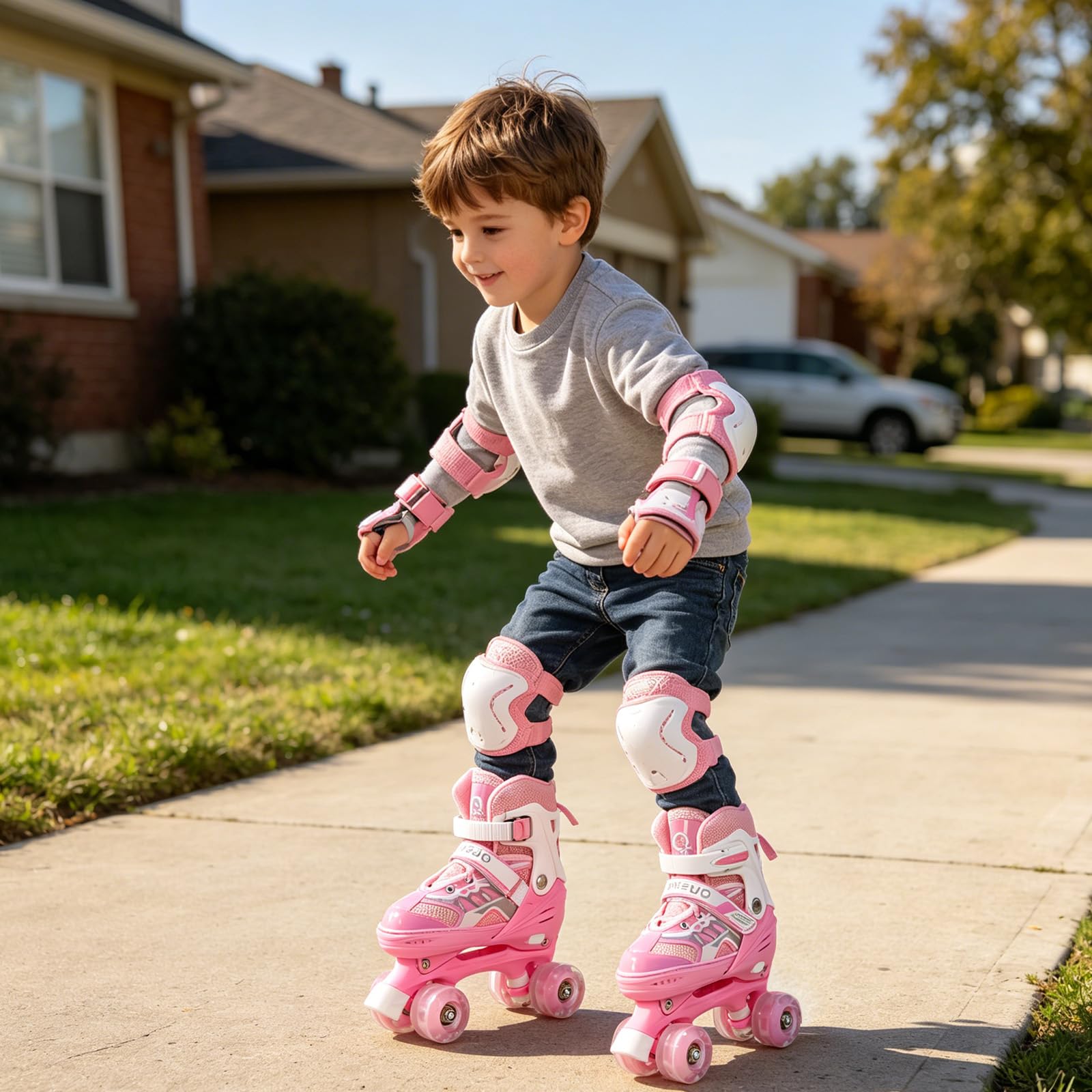 OHMG Roller per bambini, bambine e ragazzi, pattini a rotelle per bambini, 4 dimensioni regolabili, pattini a rotelle per bambini con 8 ruote luminose, pattini a rotelle per bambini per principianti