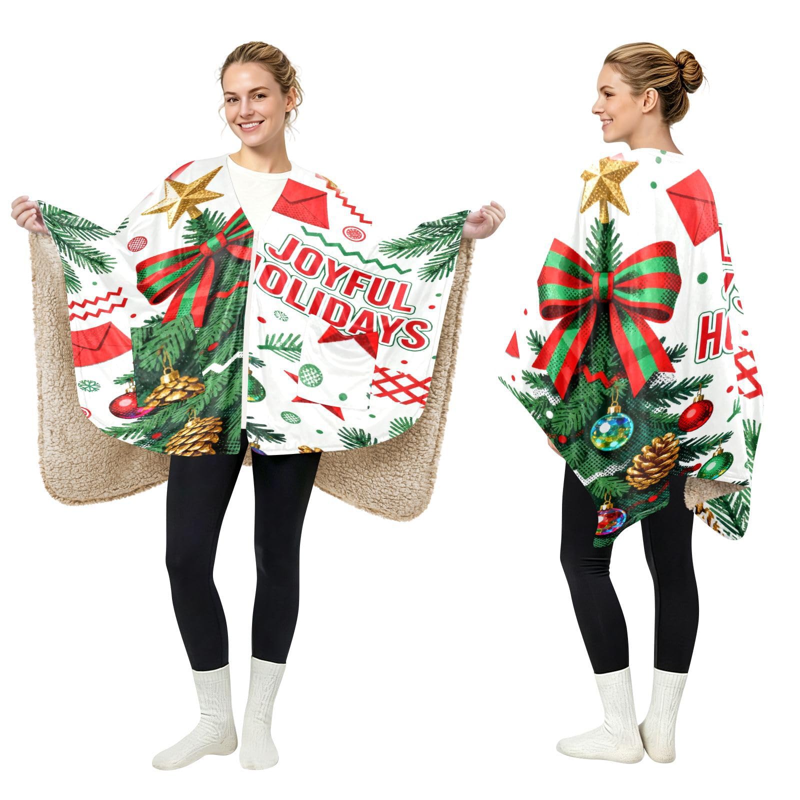 Koc do noszenia polarowy ponczo koc peleryna chusta Merry Christmas Tree