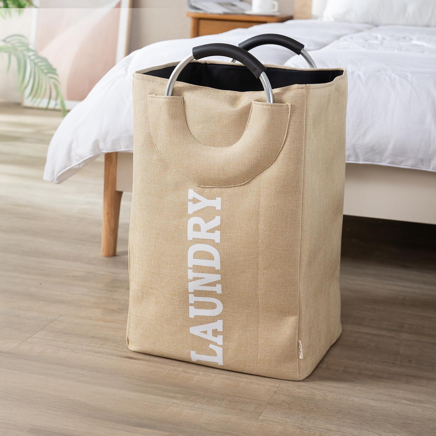 HOKIPO Folding Laundry Bag for Clothes Hamper Basket, Round Collapsible Storage Basket, 40 LTR, Grey - AR2651(Cotton)