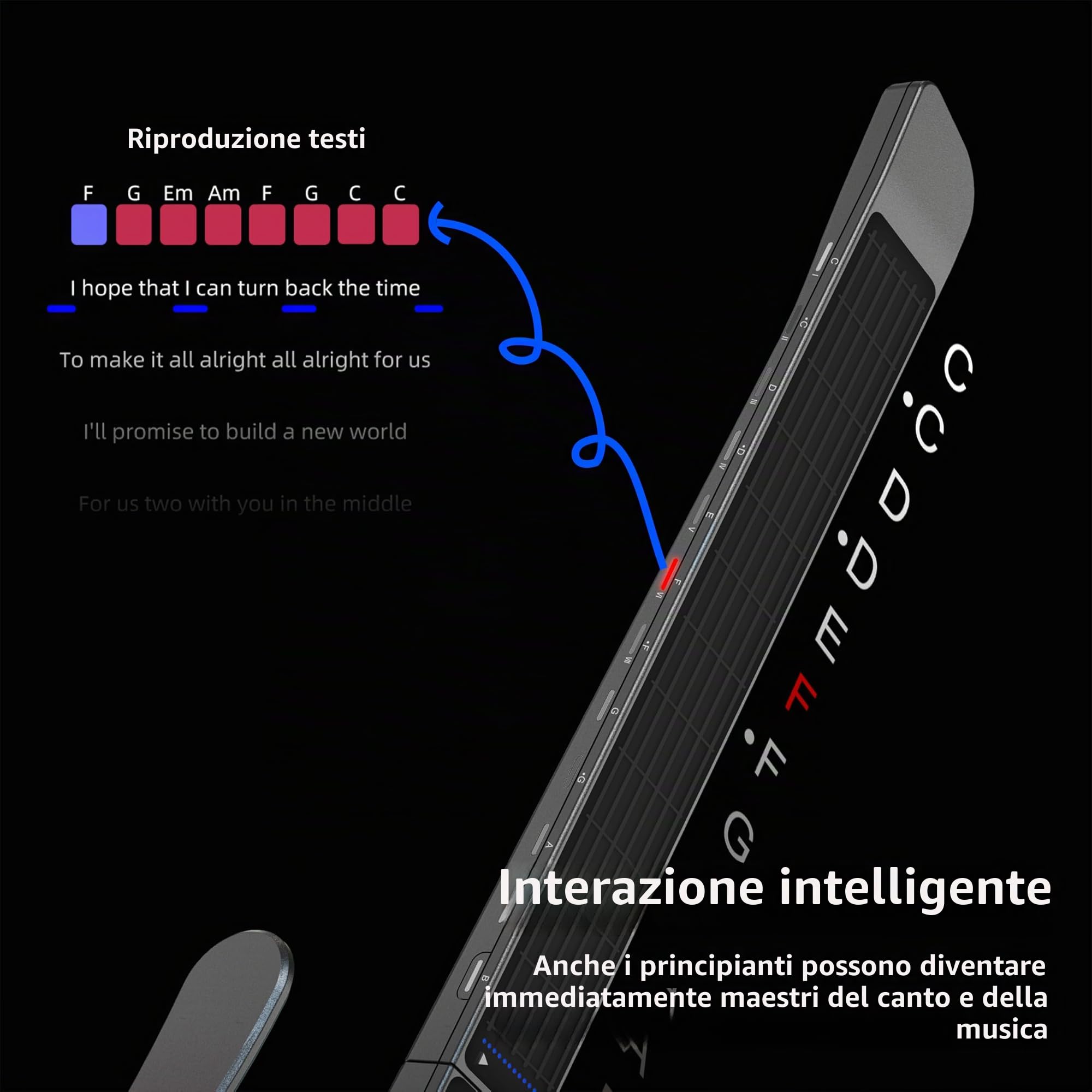 Chitarra intelligente senza corda, portatile e pieghevole con controllo app, generatore di accordi, batteria integrata e altoparlante, 100 toni sonori per principianti e bande, (Nero)