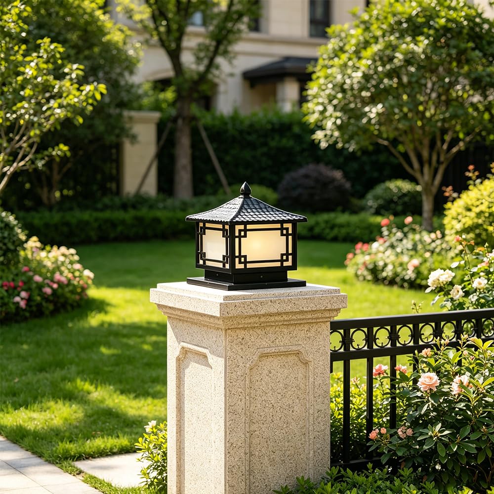 Lampada da esterno a colonna impermeabile per esterni Lampione stradale a LED retroilluminato Cortile Luci estern E27 Luci colonna Lanterna scrivania paesaggio prato giardino Villa, nero