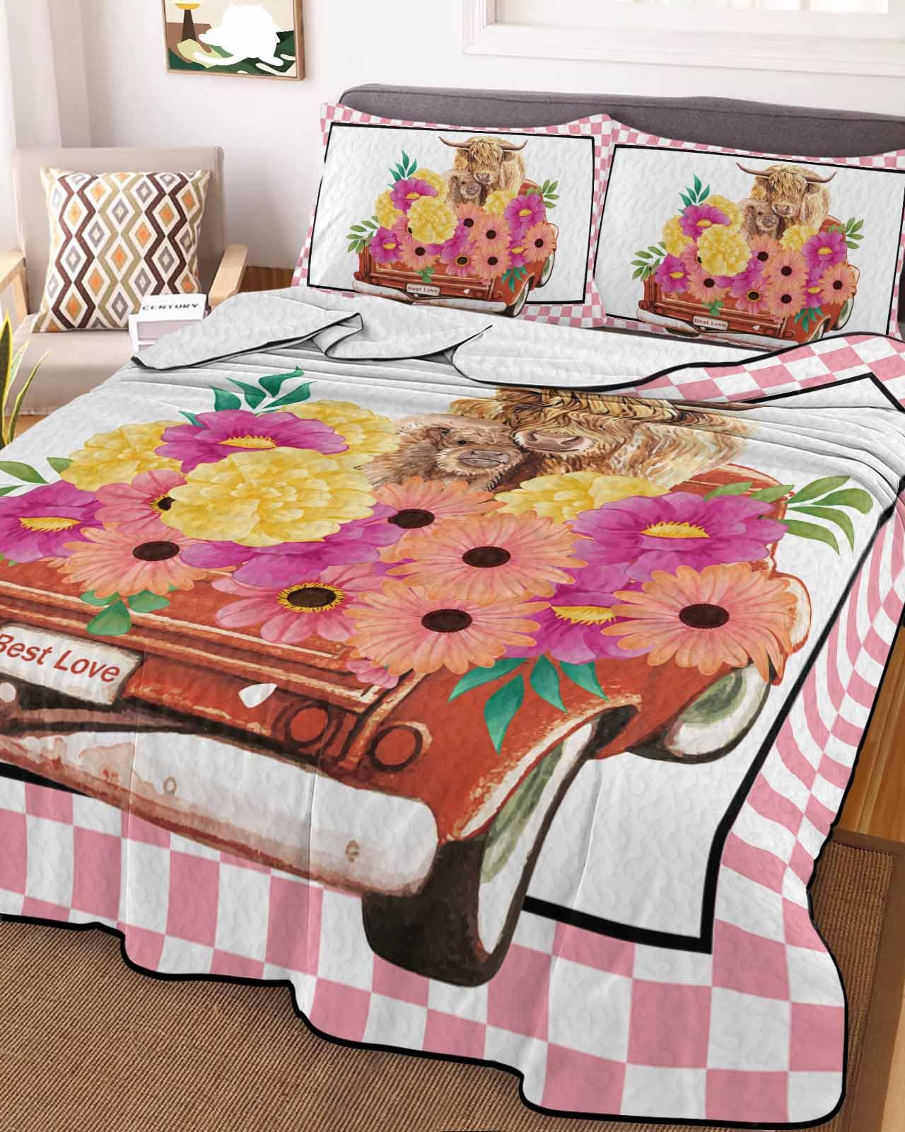 Summer Quilts Queen Size, Lightweight Quilted Coverlet Best Love Farm Truck Flower Cows Mother and Child Buffalo Plaid Comforter Set for Bed, Bedspreads Quilt Bedding 2 Pillowcases 90x96 Inch