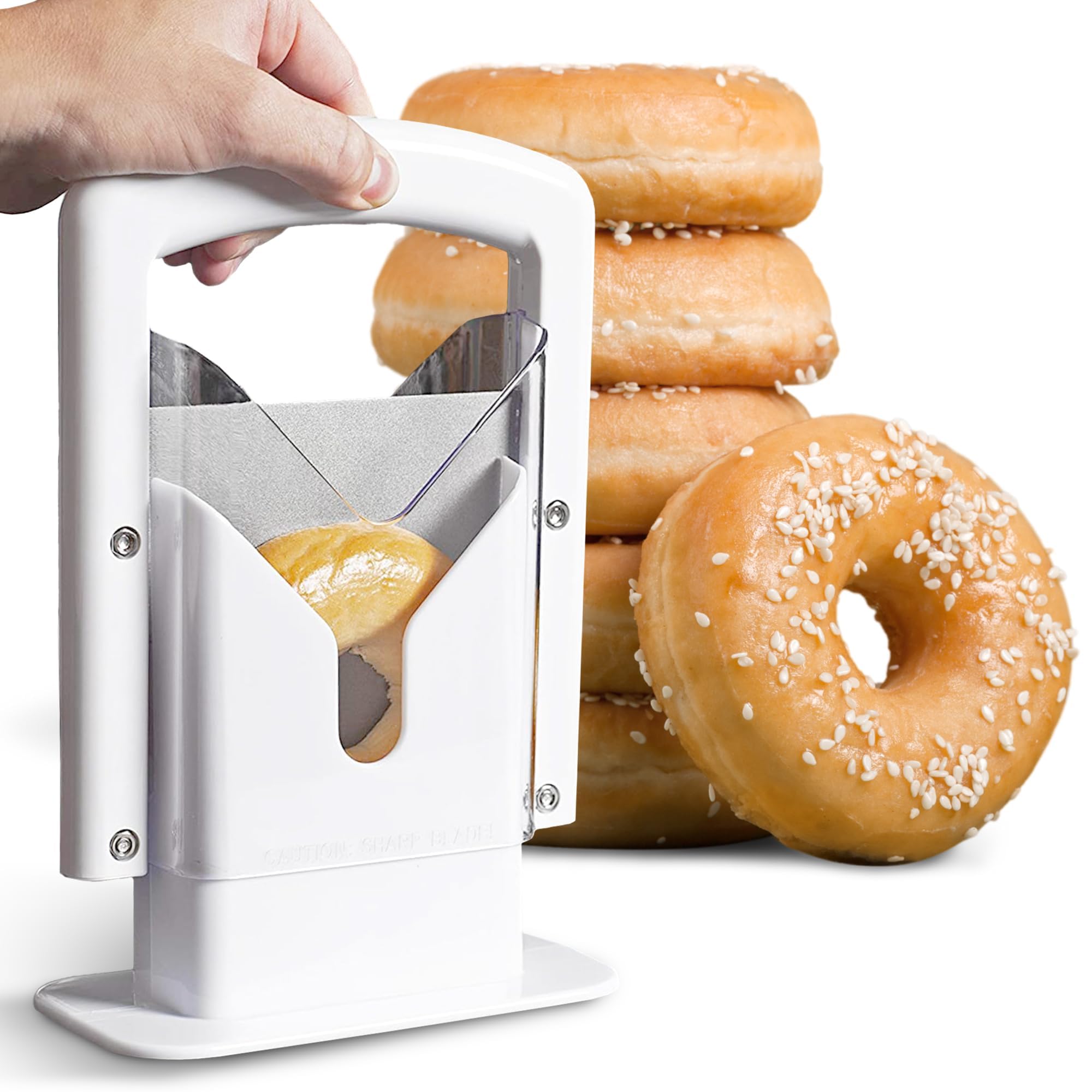 cheer collection guillotine style bagel slicer with safety shield - sharp serrated stainless steel blade for cutting bagels - fits bagels up to 234 thick and 4534 diameter