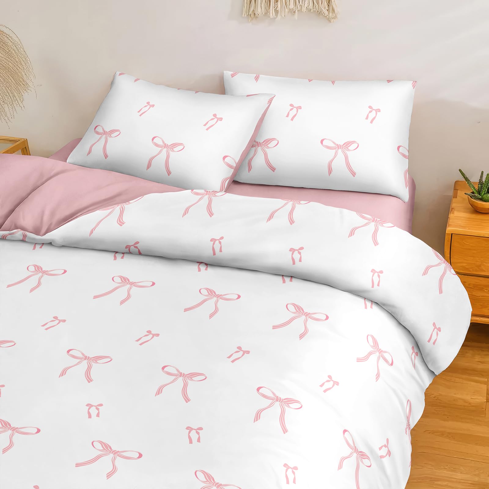 Herside Pink Stripe Bow Bedding Set Double Size 3PCS Cute White Duvet Cover Set Pink Bowknot Bedding Quilt Cover Soft Microfibre Quilt Cover All Season Bedding Set for Girls Adult - Image 3