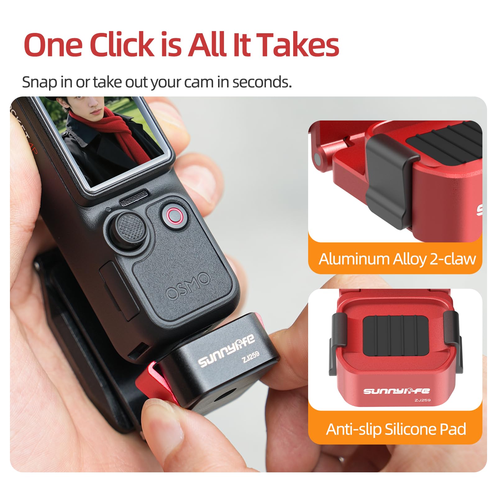 Generico Supporto con fissaggio magnetico per DJI Osmo Pocket 4 Pro/4/3, adattatore di espansione magnetico in lega di alluminio con impugnatura regolabile a 180° e vite da 1/4″, rosso