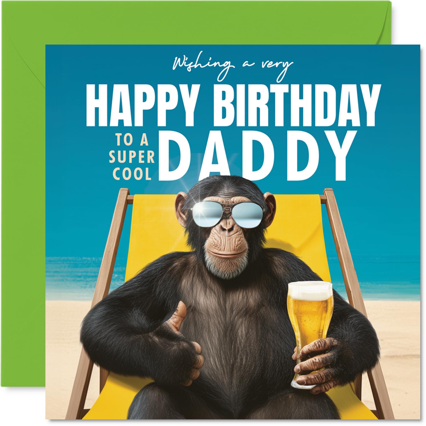 Daddy Birthday Card - Relaxing Chimp on Beach - Happy Birthday Card for Daddy from Son Daughter, 145mm playful animal illustration Bday Greeting Cards