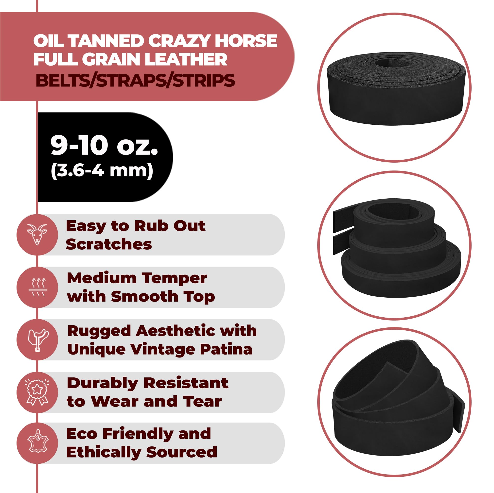 ELW 9-10 oz. (3.5-4mm) Crazy Horse Full Grain Cowhide Genuine Leather Strap for Crafts | Size: 1.5