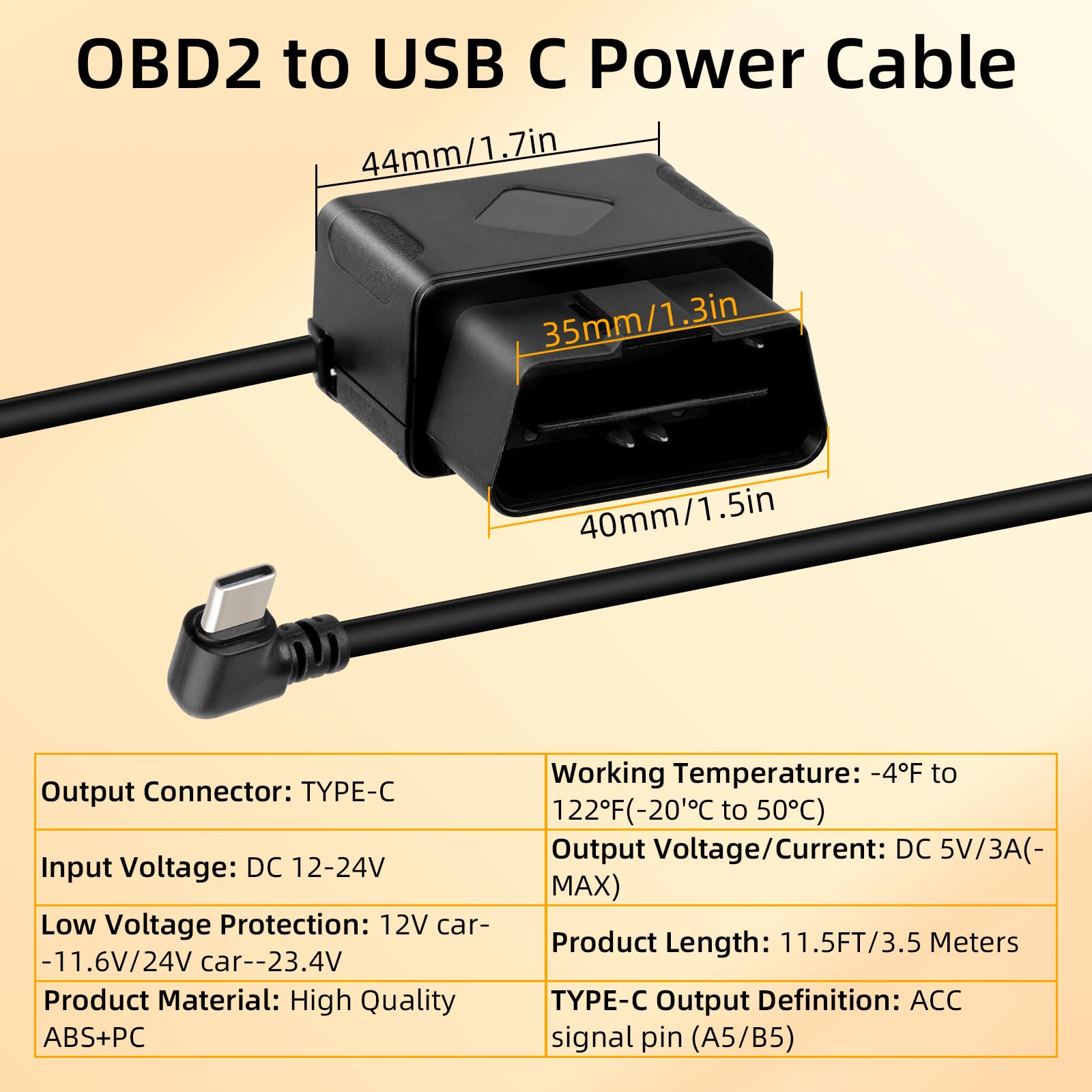GELRHONR Kabel zasilający OBD2 na USB C do kamery samochodowej z wyświetlaczem LED i ochroną przed niskim napięciem, 12-30V do 5V/3A OBDII do kątowego adaptera typu C, 24 godziny nadzoru i tryb Acc 2