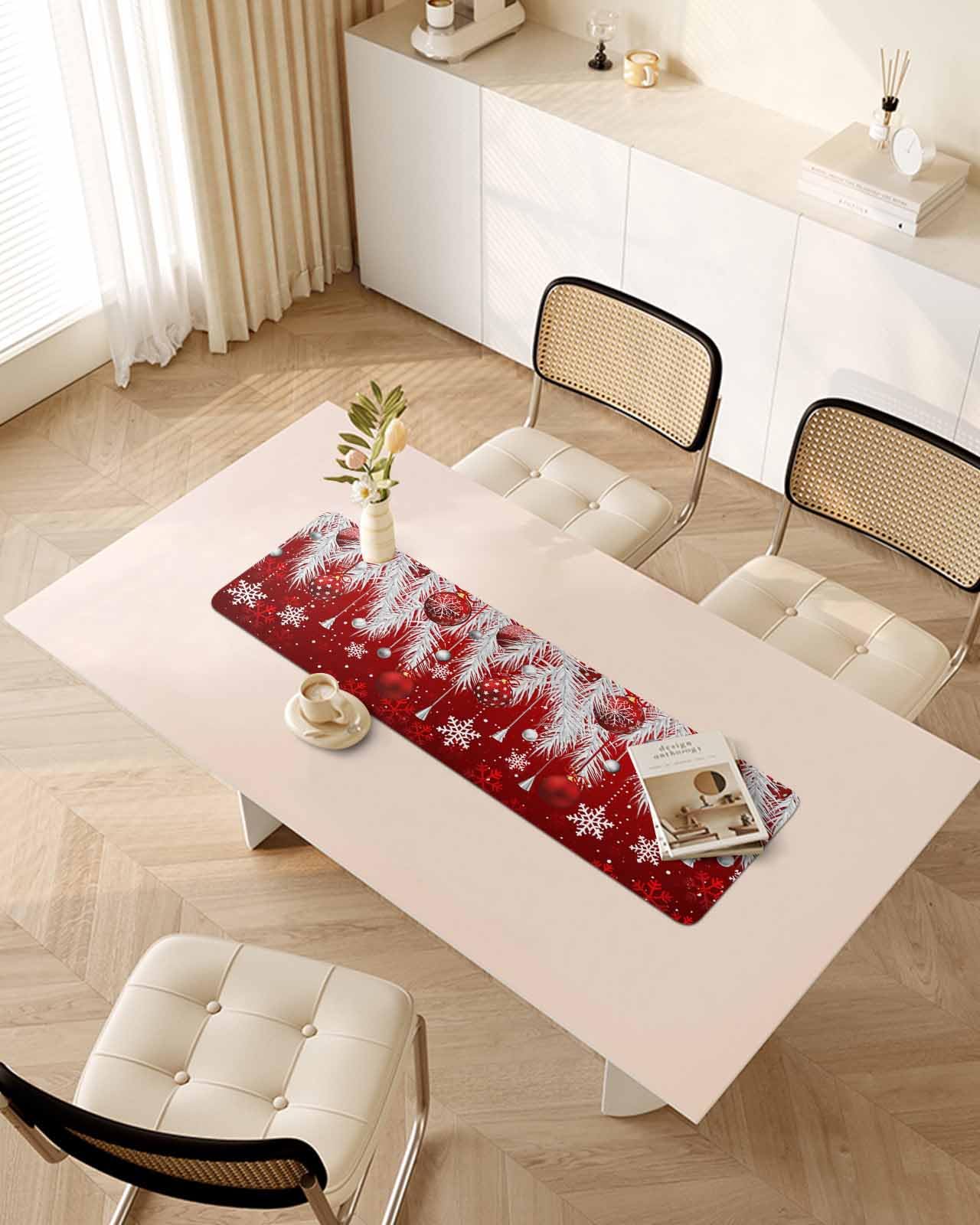 Debedcor Heat Proof Table Pads Waterproof Decorative, Red Christmas Non-Slip Table Countertop Protector, Farmhouse Snowflake Pine Leaf Ball Insulation Mat for Kitchen Room, 40 x 12 Inches