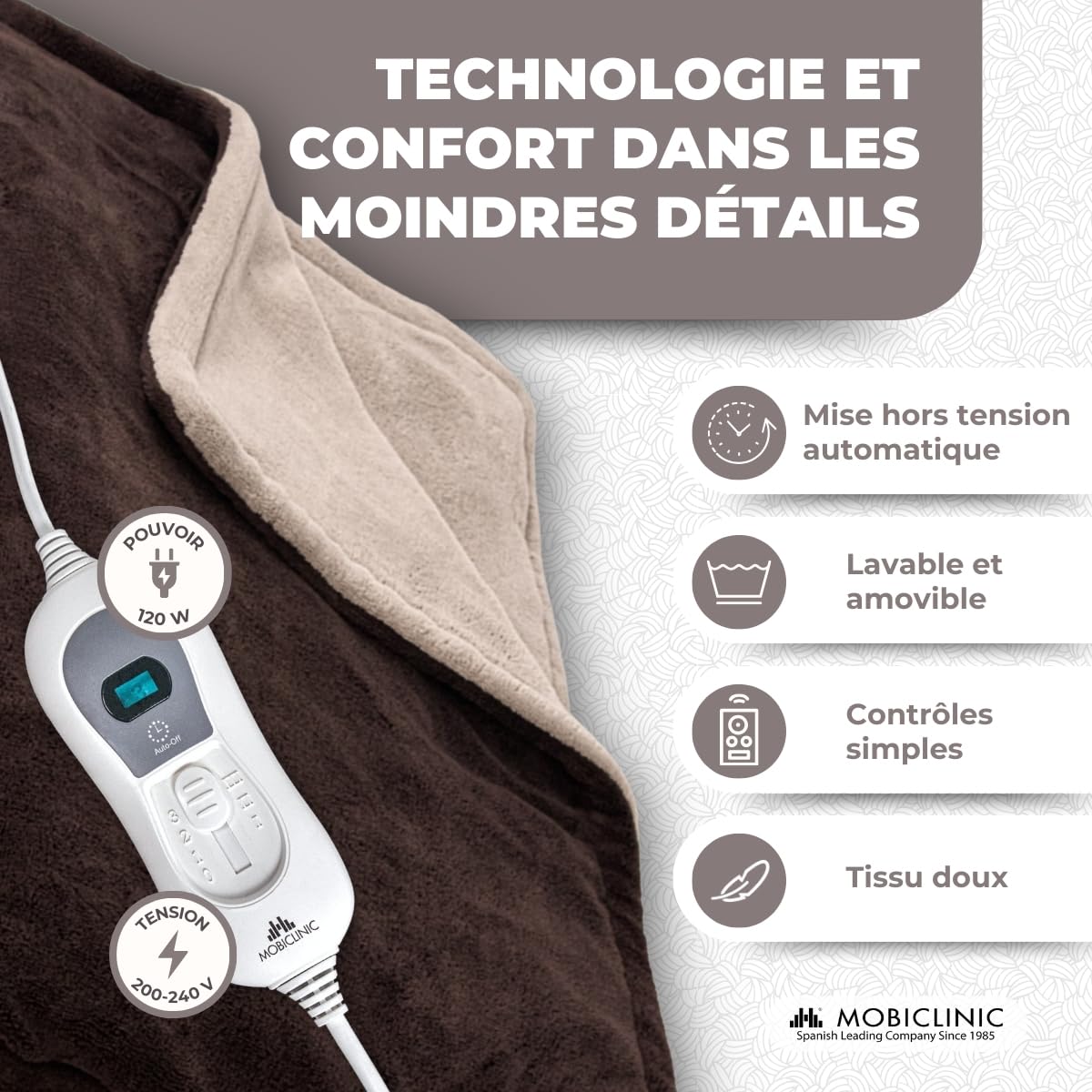 Mobiclinic, Couverture chauffante, Plaid Chauffant, Très Faible consommation, 160x120 cm, Commande Amovible, 3 Niveaux de Chaleur, Chauffage Rapide, Lavable en Machine, Arrêt Automatique