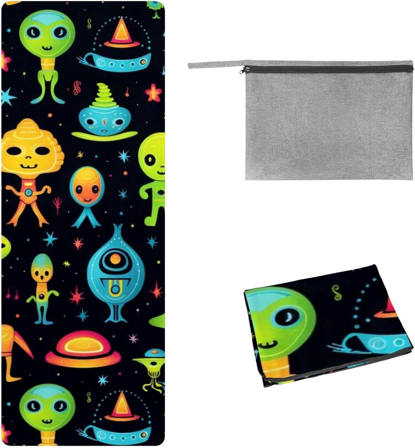 Yoga Towel, Outer Space Alien Pattern Non Slip Sweat Absorbent Hot Yoga Mat Towel for Hot Yoga, Pilates and Fitness - 72.8" x 26.8"